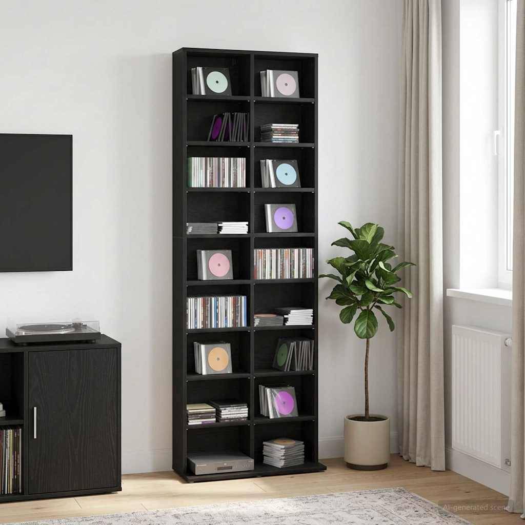 Moderne Wohnzimmerecke mit einem hohen schwarzen Regalsystem, das Schallplatten und CDs enthält, einer Topfpflanze, einem Fenster und einem flachen Medienschrank.