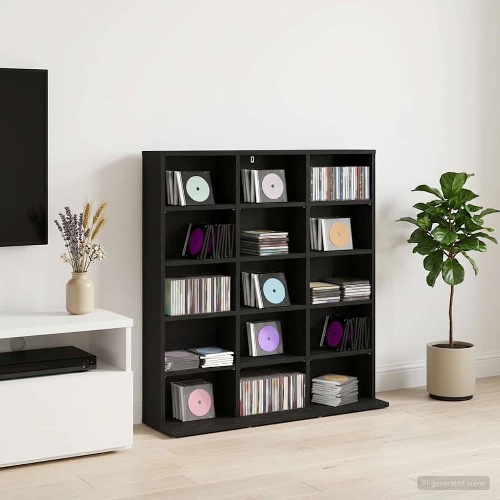 Schwarzes Regal mit Fächern gefüllt mit Schallplatten und Stapeln von CDs in einem minimalistischen Wohnzimmer neben einem Fernsehtisch und einer Topfpflanze.