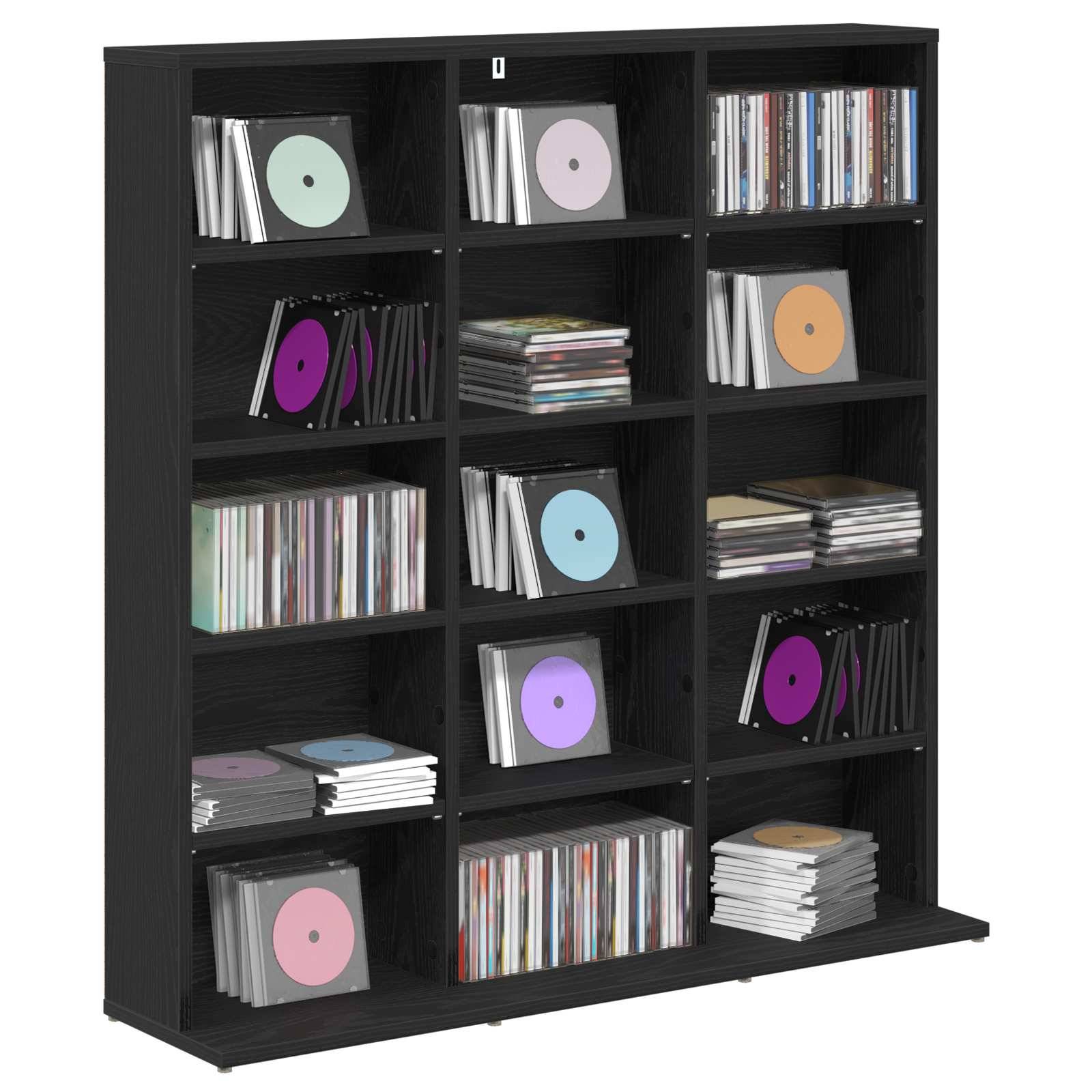 Schwarzes Würfelregal gefüllt mit Schallplatten und CD-Hüllen, die in mehreren Fächern angeordnet sind.