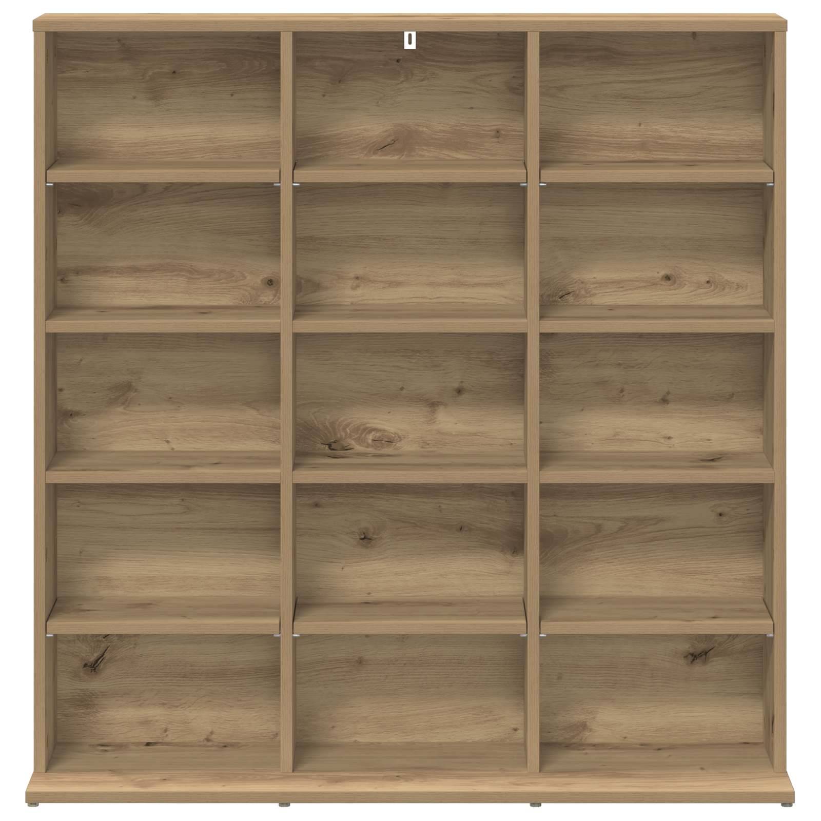 Leeres Bücherregal aus hellem Holz mit 15 offenen Regalen und einem kleinen Aufhängepunkt in der Mitte oben.
