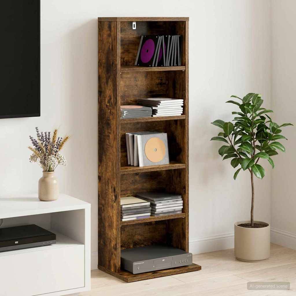 Hohes Holzregal mit Schallplatten und Büchern, mit einer Stereoanlage auf dem unteren Regal, in einem minimalistischen Wohnzimmer mit einer Pflanze und einem Beistelltisch.