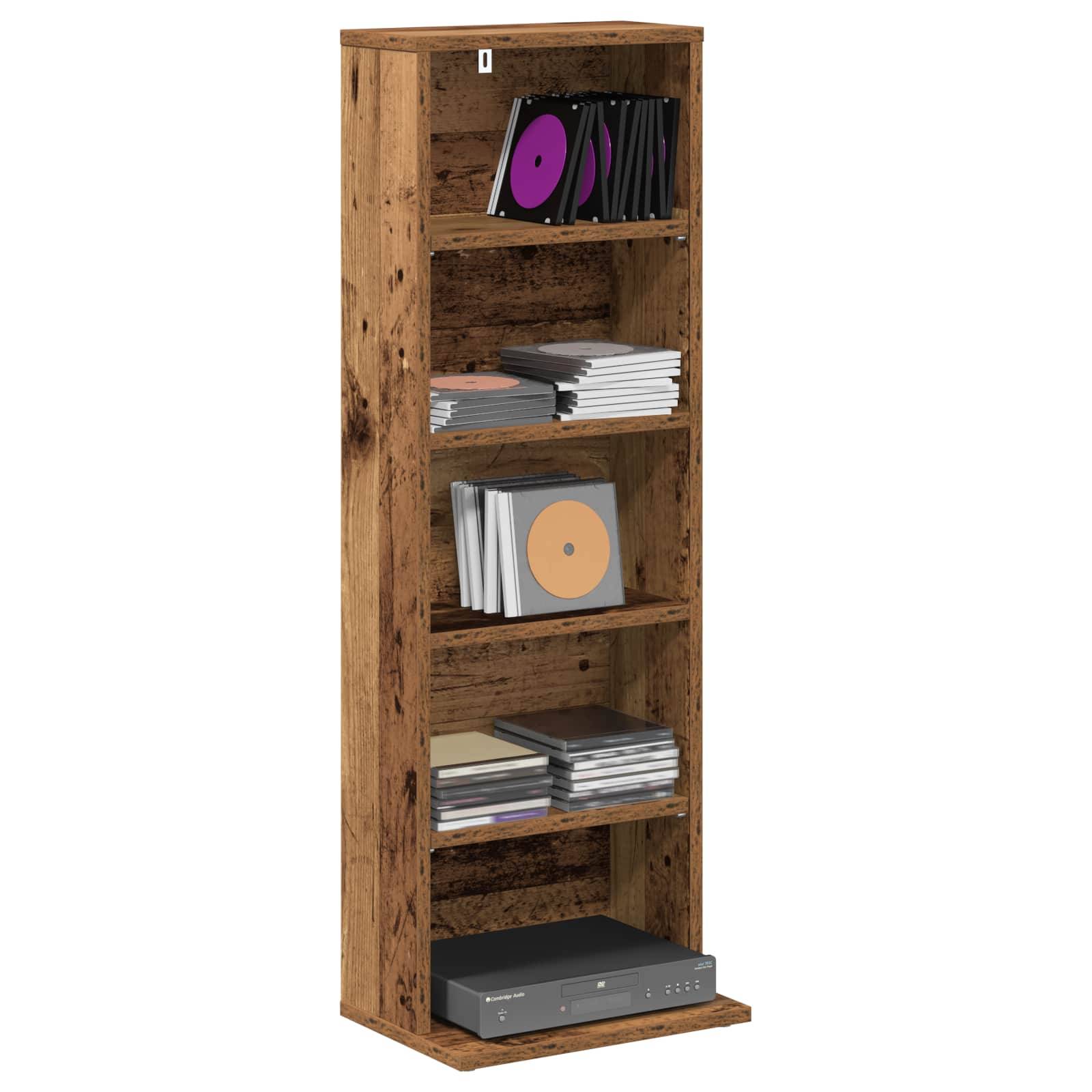 Hohes rustikales Holzregal mit mehreren Regalboden, auf denen Schallplatten, CD-Hüllen und eine Stereoanlage unten untergebracht sind.