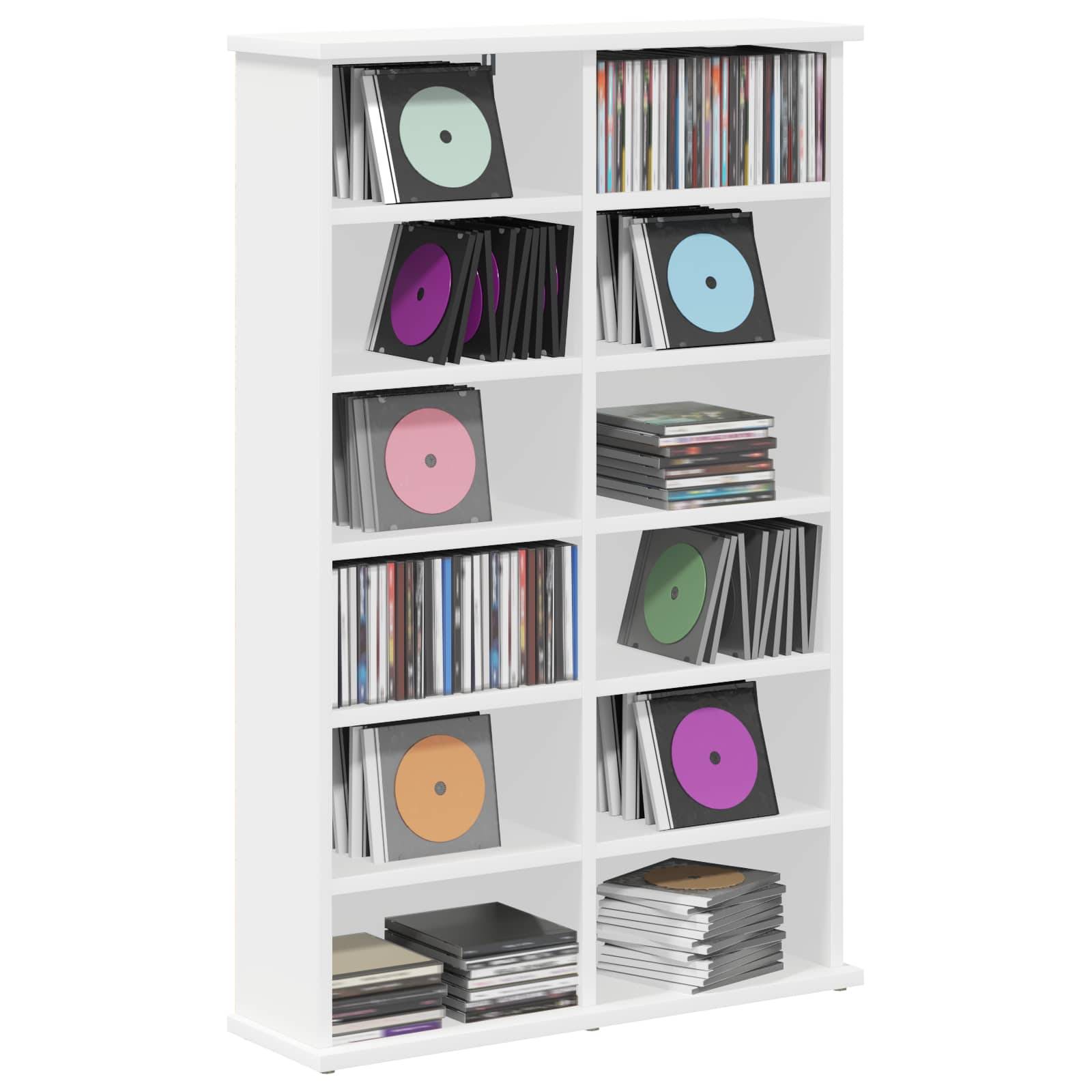 Weiße Regaleinheit gefüllt mit Schallplatten und CDs, mit mehreren Alben in offenen Fächern, die durch farbige Scheibenaufkleber angezeigt werden.
