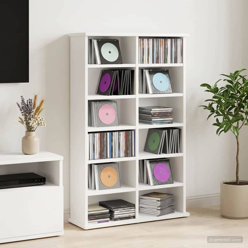 Weiße Regaleeinheit mit nach Farben der Schallplattenhüllen organisierten Vinyl-Schallplatten, flankiert von einem Fernseh-Ständer und Topfpflanzen in einem minimalistischen Zimmer.