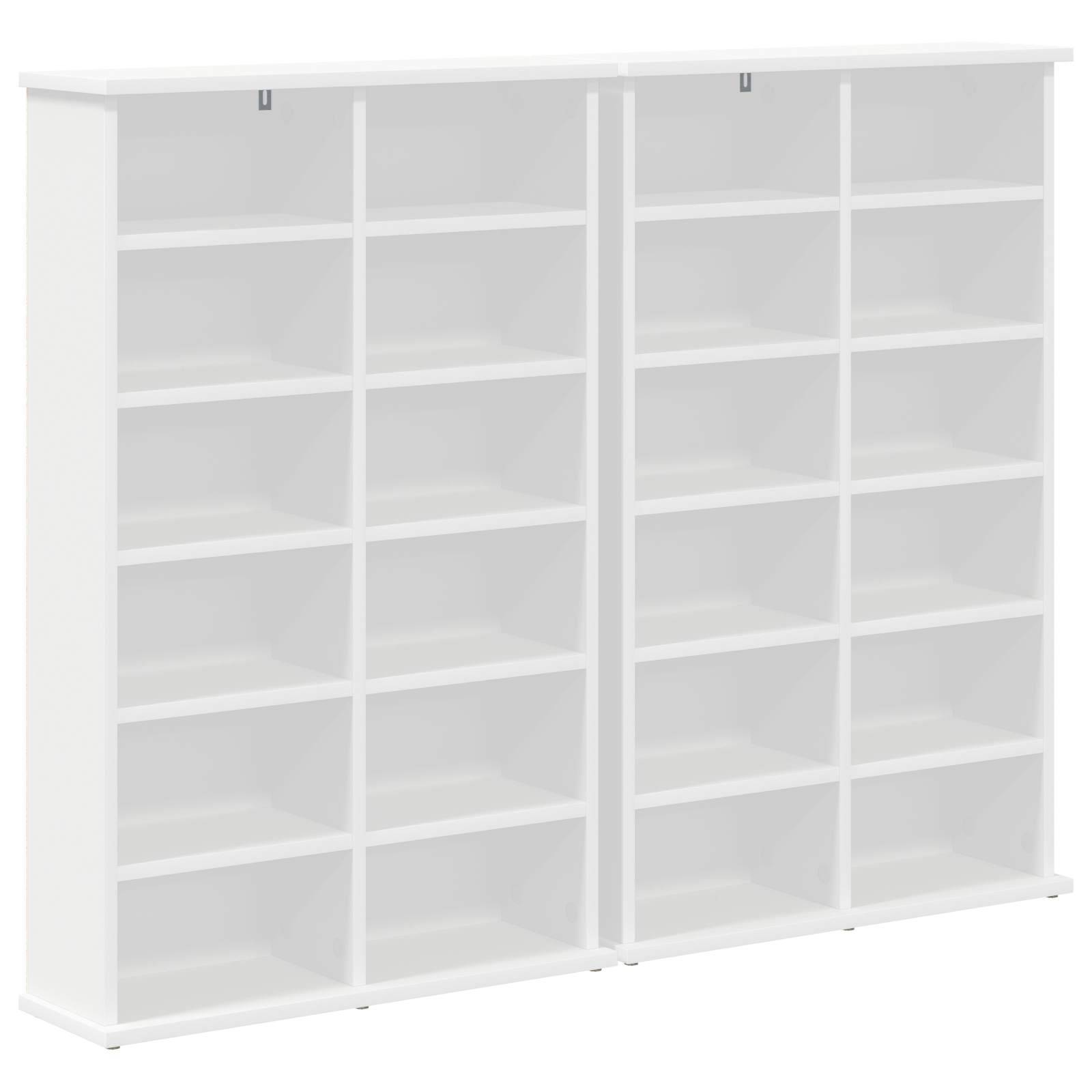 Weißer freistehender Lagerschrank mit je sechs offenen Regalen pro Seite und Schiebetüren, dargestellt in Frontansicht auf weißem Hintergrund.