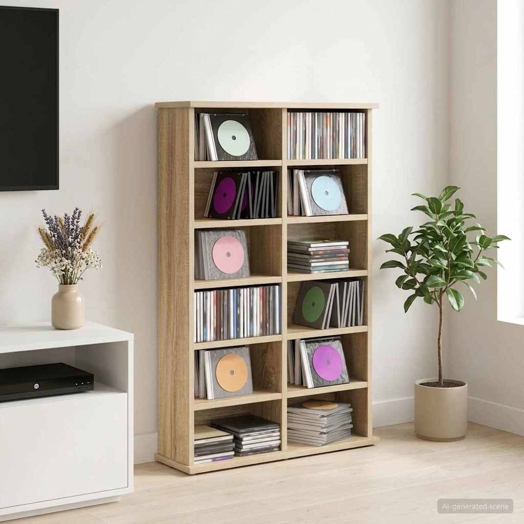 Holzregal gefüllt mit Schallplatten und gestapelten Alben in einem minimalistischen Zimmer, neben einer Topfpflanze und weißem Medienschrank.