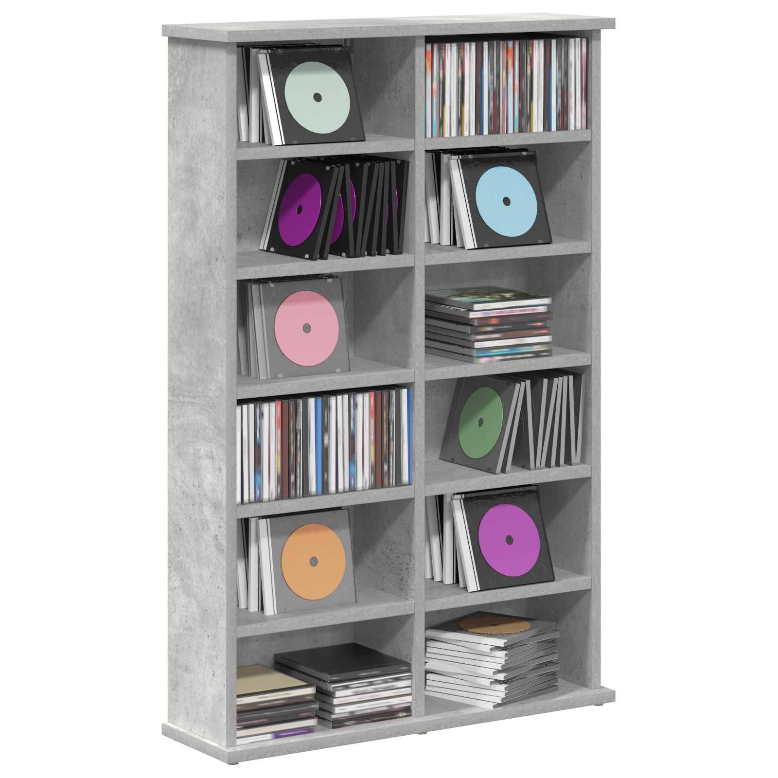 Graues Regalsystem zur Organisierung von Schallplatten und CDs in mehreren Fächern, mit farbenfrohen Plattencover sichtbar