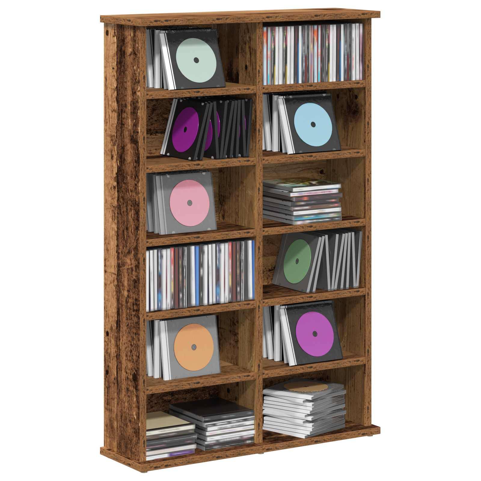 Holzregal gefüllt mit Schallplatten und CDs, die in acht Fächern angeordnet sind.