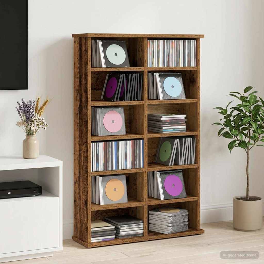 Holzregal-Set ordentlich organisiert mit Schallplatten und Stapeln von Alben in einem minimalistischen Raum, flankiert von einem Fernsehständer und Topfpflanzen.