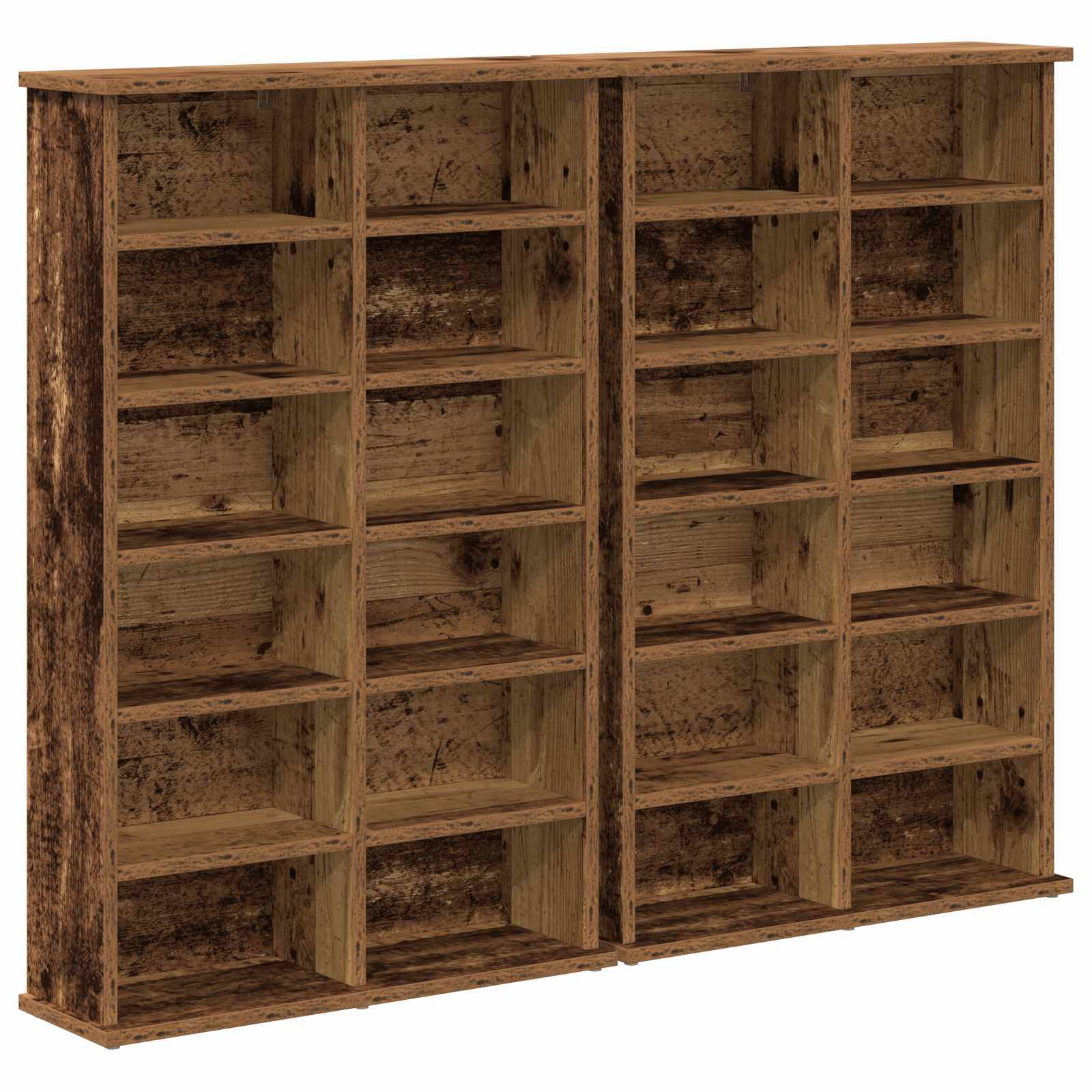 Wandmontierte Holzregalanlage mit vielen kleinen offenen Fächern, leer auf weißem Hintergrund dargestellt.