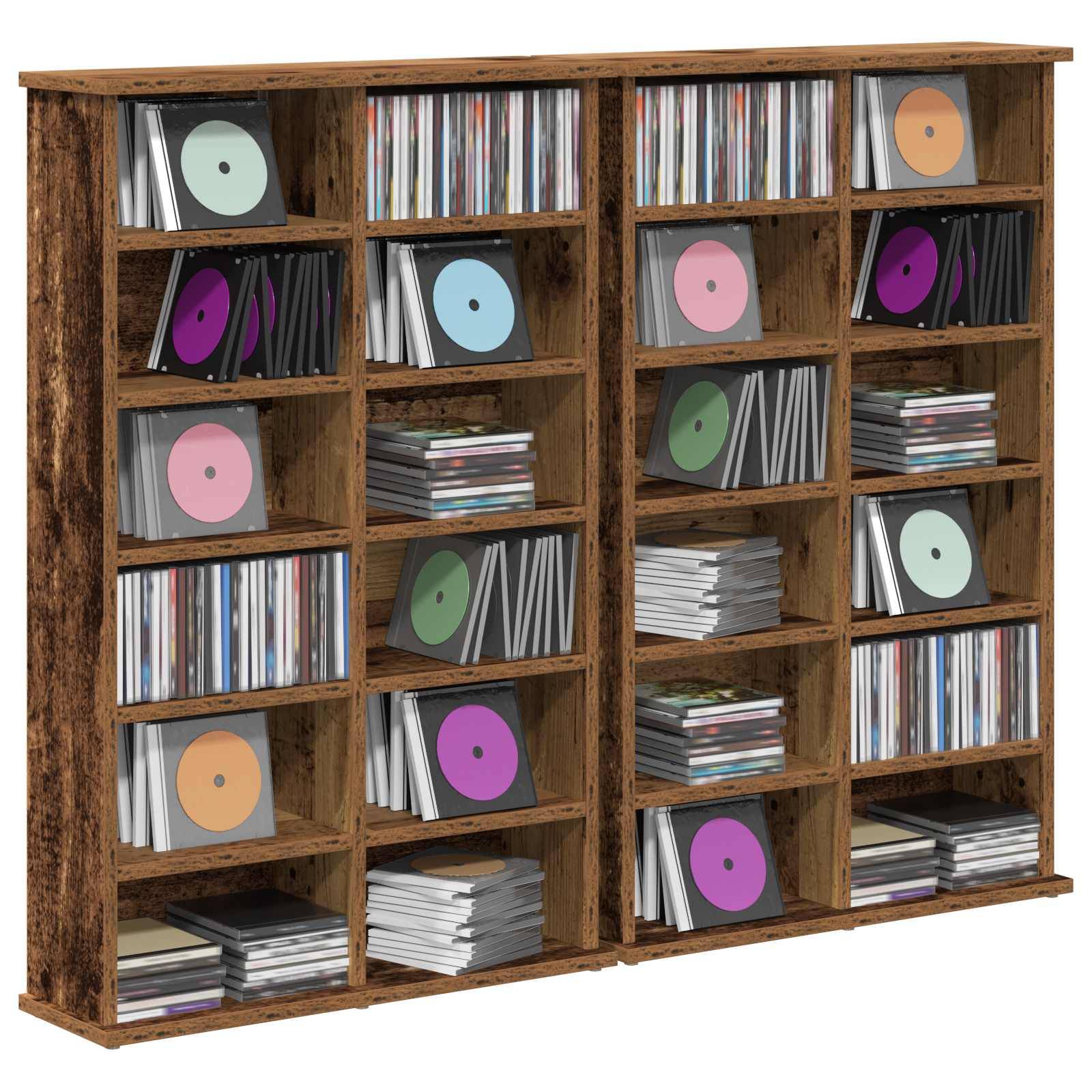 Holzregal mit Schallplatten und CD-Stapeln gefüllt, wobei mehrere Platten in Fächern frontal ausgestellt sind.