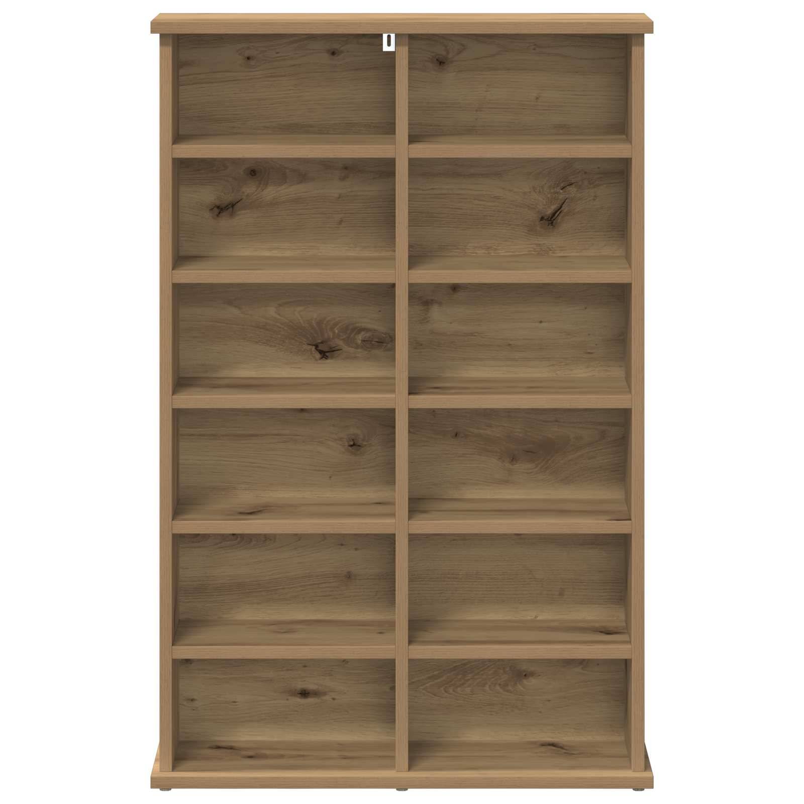 Holzregal mit sechs Regalen, zwei Säulen offener Fächer und hellem natürlichem Finish, leer auf weißem Hintergrund gezeigt.