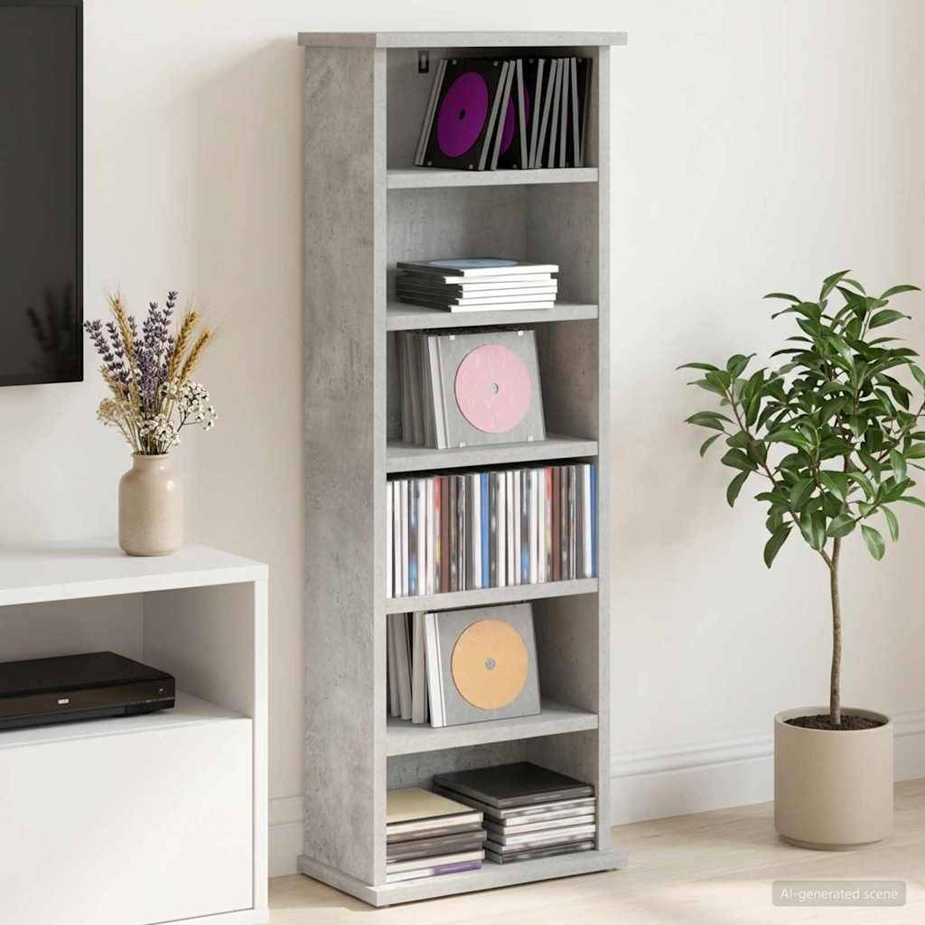 Hohes graues Medienregal mit Schallplatten und Büchern, flankiert von einer Topfpflanze und einem Tisch mit einer Vase und einem Plattenspieler in einem minimalistischen Raum.