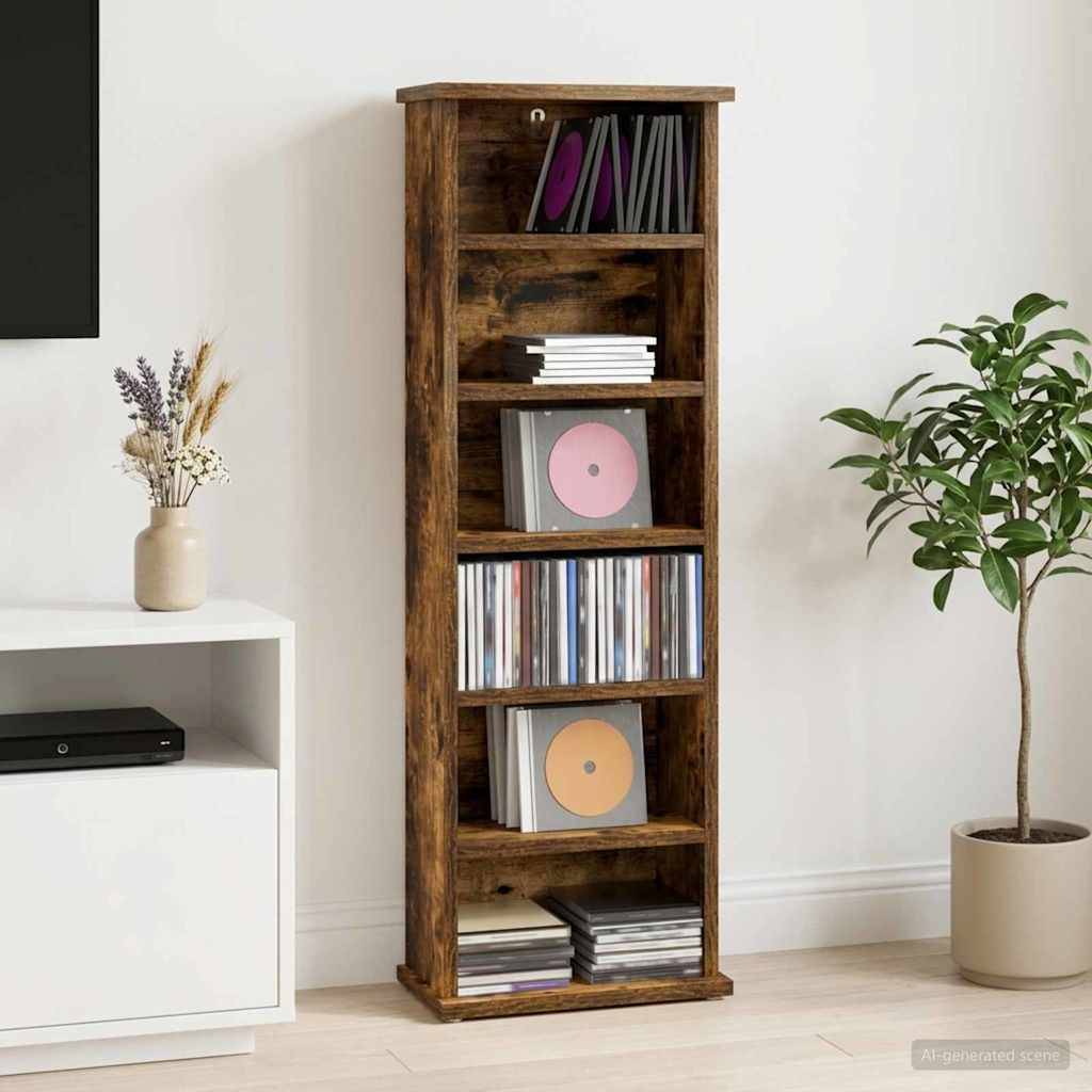 Hohes Holzmedienregal mit ausgestellten Schallplatten und CDs zwischen einem weißen Schrank und einer Topfpflanze in einem minimalistischen Zimmer.