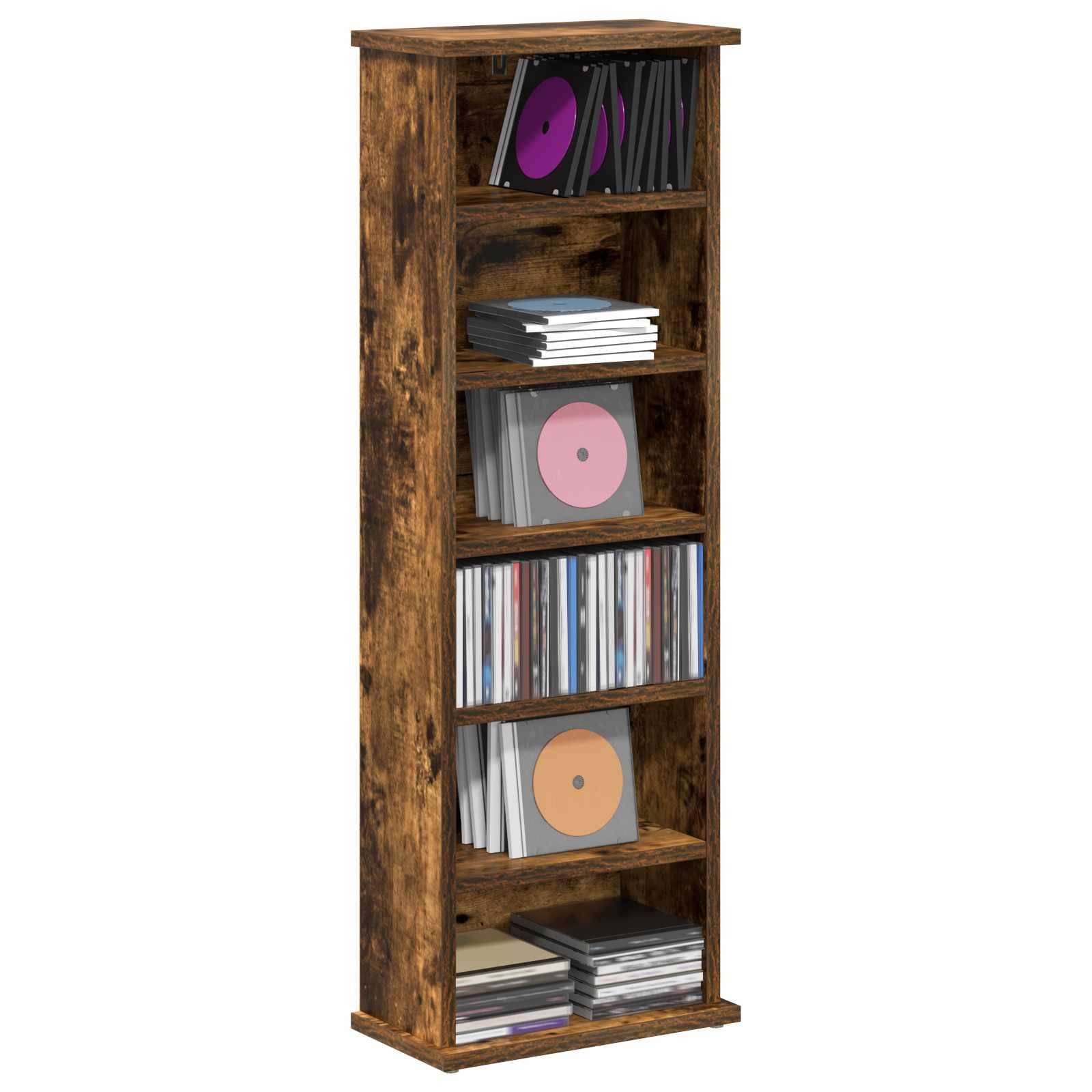 Hohes rustikales Holzregal mit Schallplatten, CDs und Büchern, angeordnet in mehreren offenen Fächern.