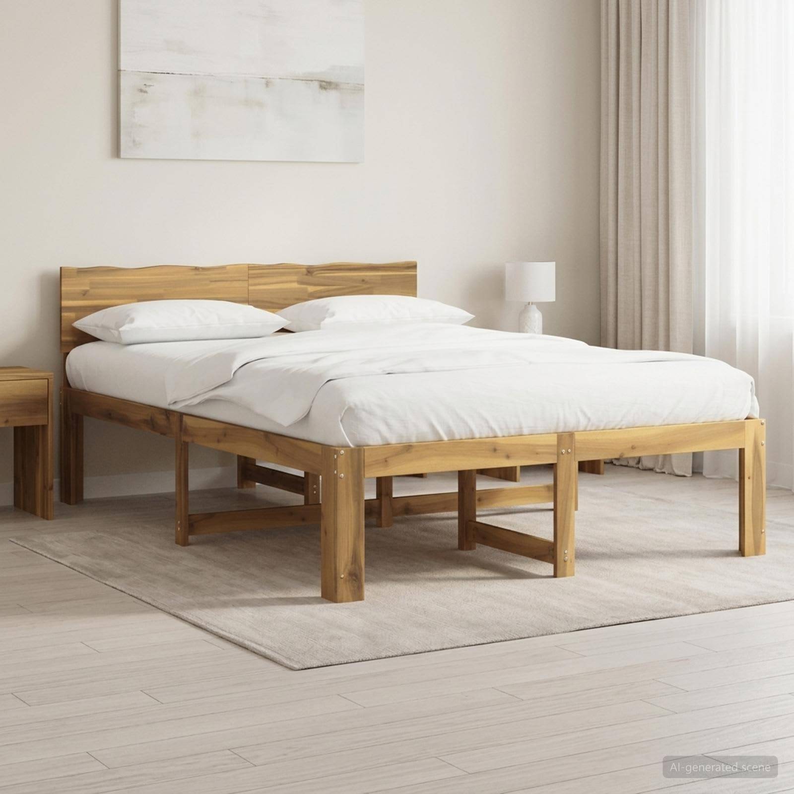 Holzbett mit weißer Bettwäsche in einem minimalistischen Schlafzimmer, neben einem Nachttisch, einer Lampe, einem Vorhang und einem Teppich.