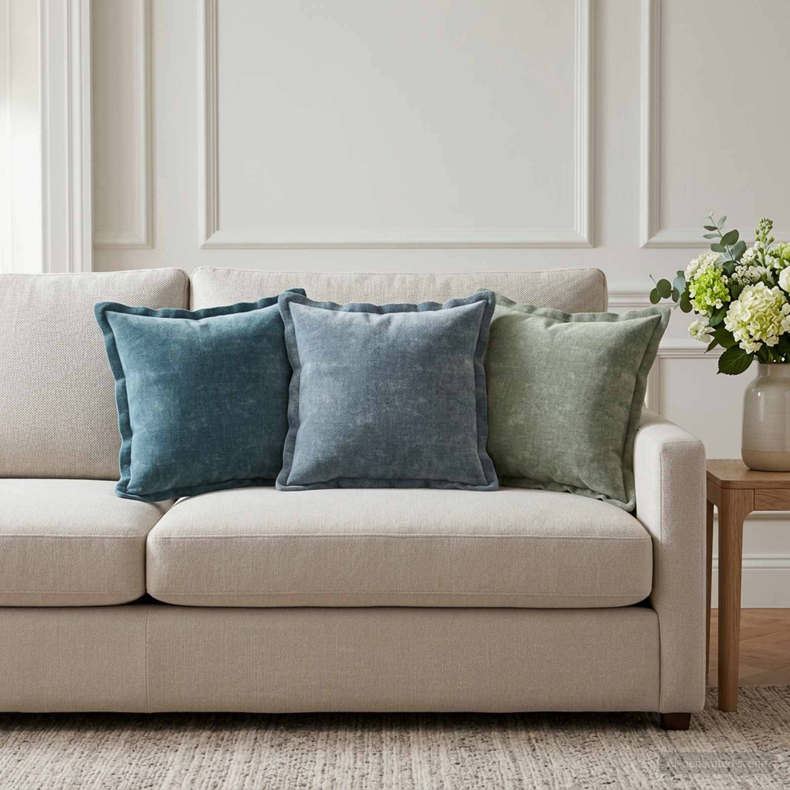 Beiges Sofa mit drei blaugrünen Dekokissen neben einem Beistelltisch mit einer Blumengestaltung in einem hellen Wohnzimmer.
