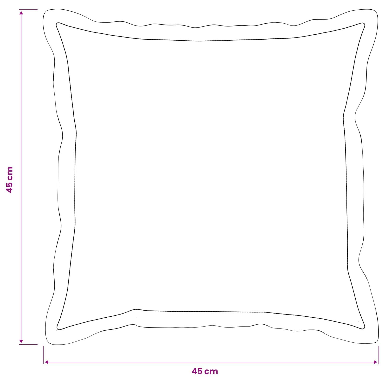 Umriss eines quadratischen Kissens oder Polsters, beschriftet mit 45 cm × 45 cm, wobei die Gesamtabmessungen gezeigt werden.