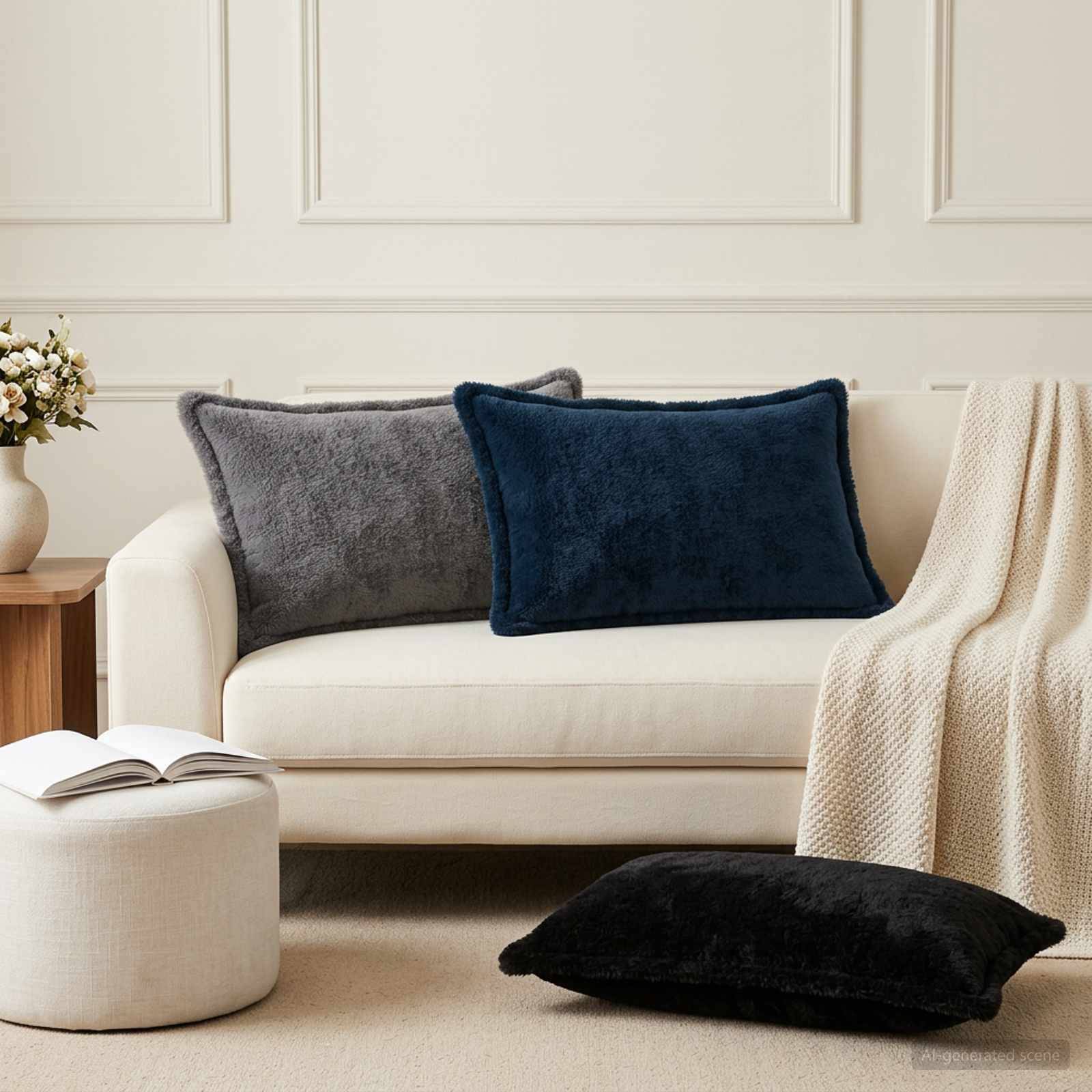 Ein cremefarbenes Sofa mit marineblauen und grauen Kissen und einer beigen Wurfdecke steht in einem minimalistischen Wohnzimmer mit einem runden Hocker, einem aufgeschlagenen Buch und einem schwarzen Bodenkissen.