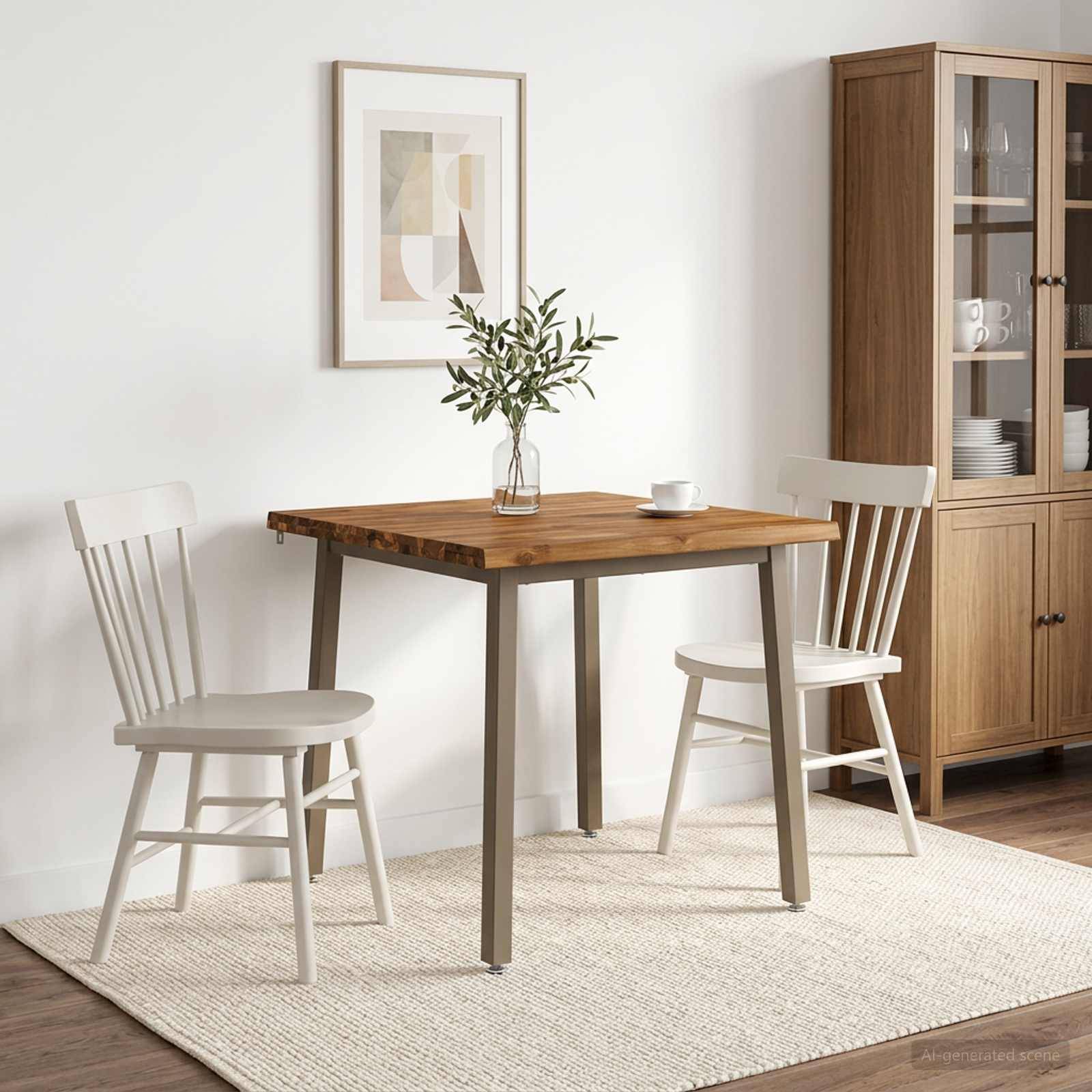 Moderner Essplatz mit Holztisch, zwei weißen Stühlen, Vase mit Grünpflanzen, Wandkunst im Rahmen und einem Holzschrank auf einem hellen Teppich.
