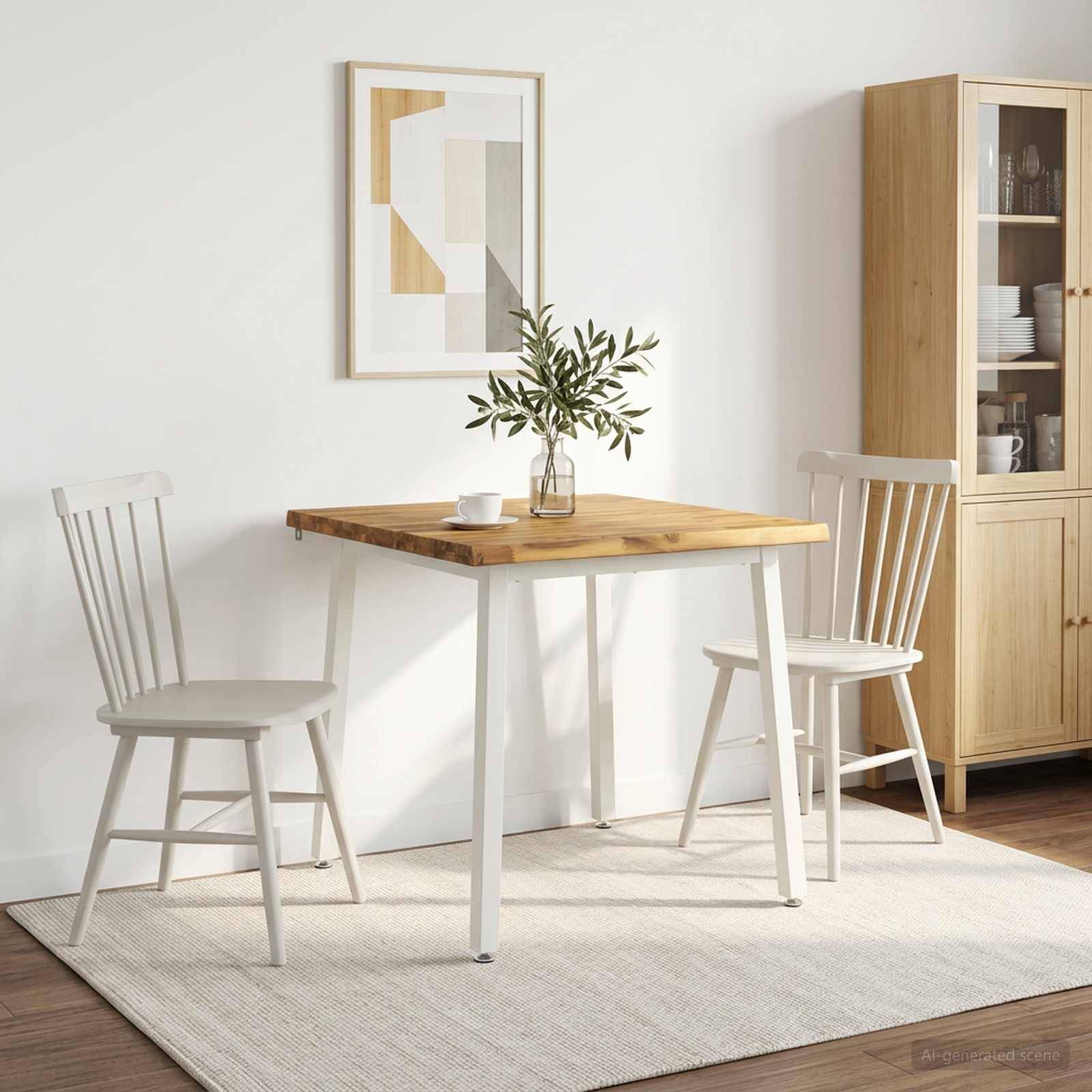 Minimalistischer Essplatz mit einem Holztisch, zwei weißen Stühlen, einer kleinen Vase, Wandkunst, einem Teppich und einem hohen Schrank in einem hellen Raum.