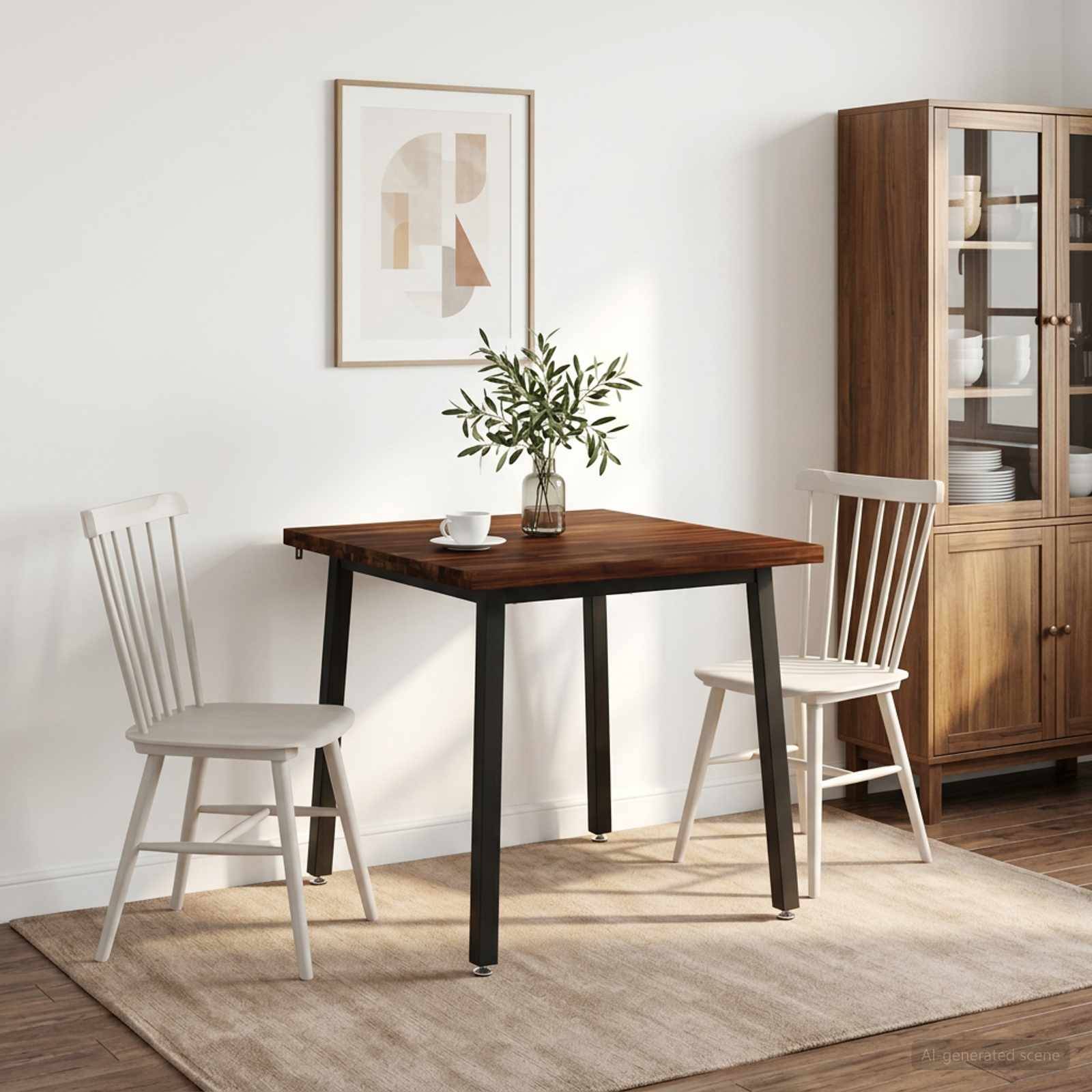 Kleiner Essbereich mit einem Esstisch aus dunklem Holz, zwei weißen Stühlen, einer Vase mit Grünpflanzen, gerahmten Wandbildern und einem Holzschrank auf einem Teppich.