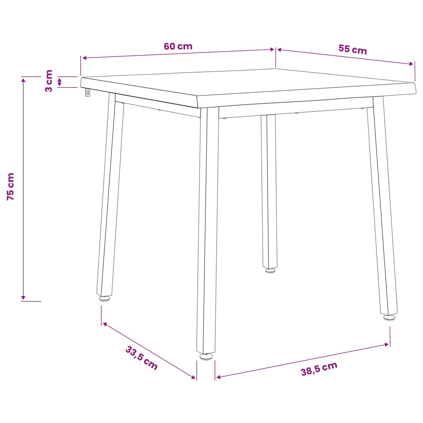 Strichzeichnung eines Tisches mit beschrifteten Abmessungen: 60 cm × 55 cm Tischplatte, 75 cm Höhe, 3 cm Dicke, mit Beinabstand 33,5 cm und 38,5 cm.