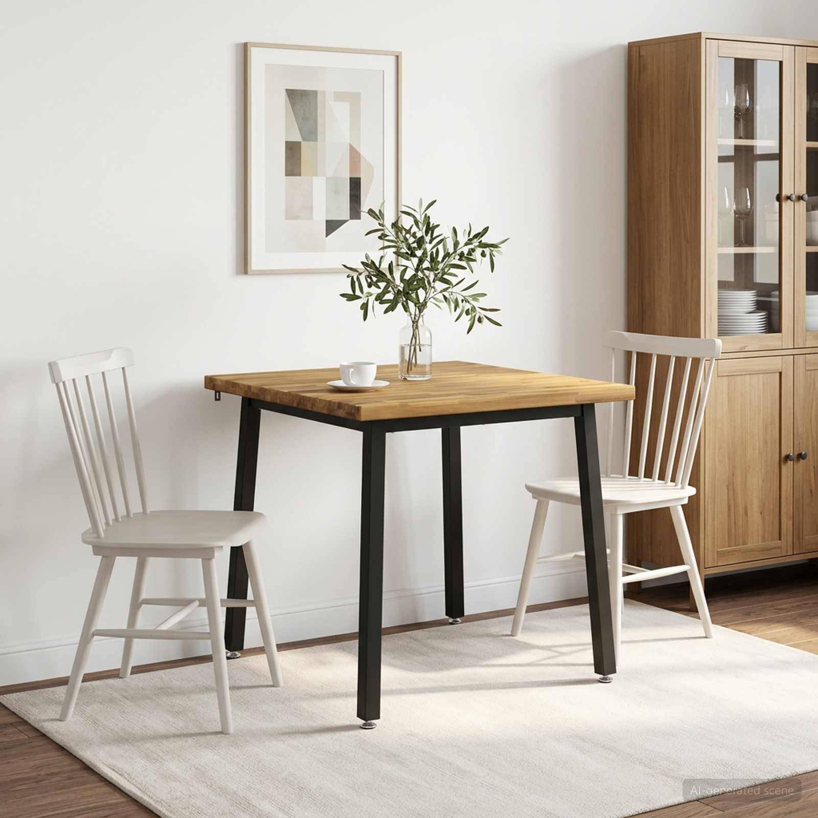 Kleine Essecke mit einem Holztisch, zwei weißen Stühlen, einer Vase mit Grünpflanzen, Wandkunst und einem Schrank in einem hellen Raum.