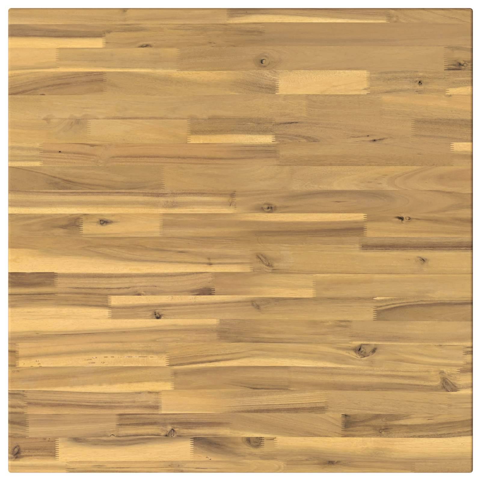Quadratische Tischplatte aus hellem Holz mit sichtbaren Bretterstoßen, Astlöchern und Holzmaserung.