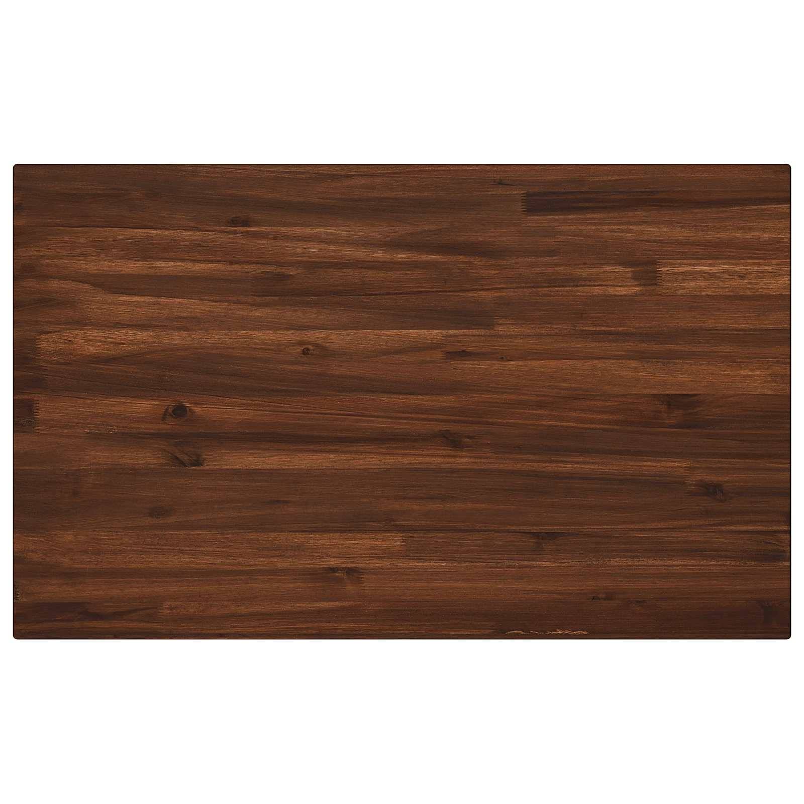 Eine rechteckige dunkelbraune Holztischplatte aus Holz mit sichtbarer Maserung und Ästen, auf weißem Hintergrund gezeigt.
