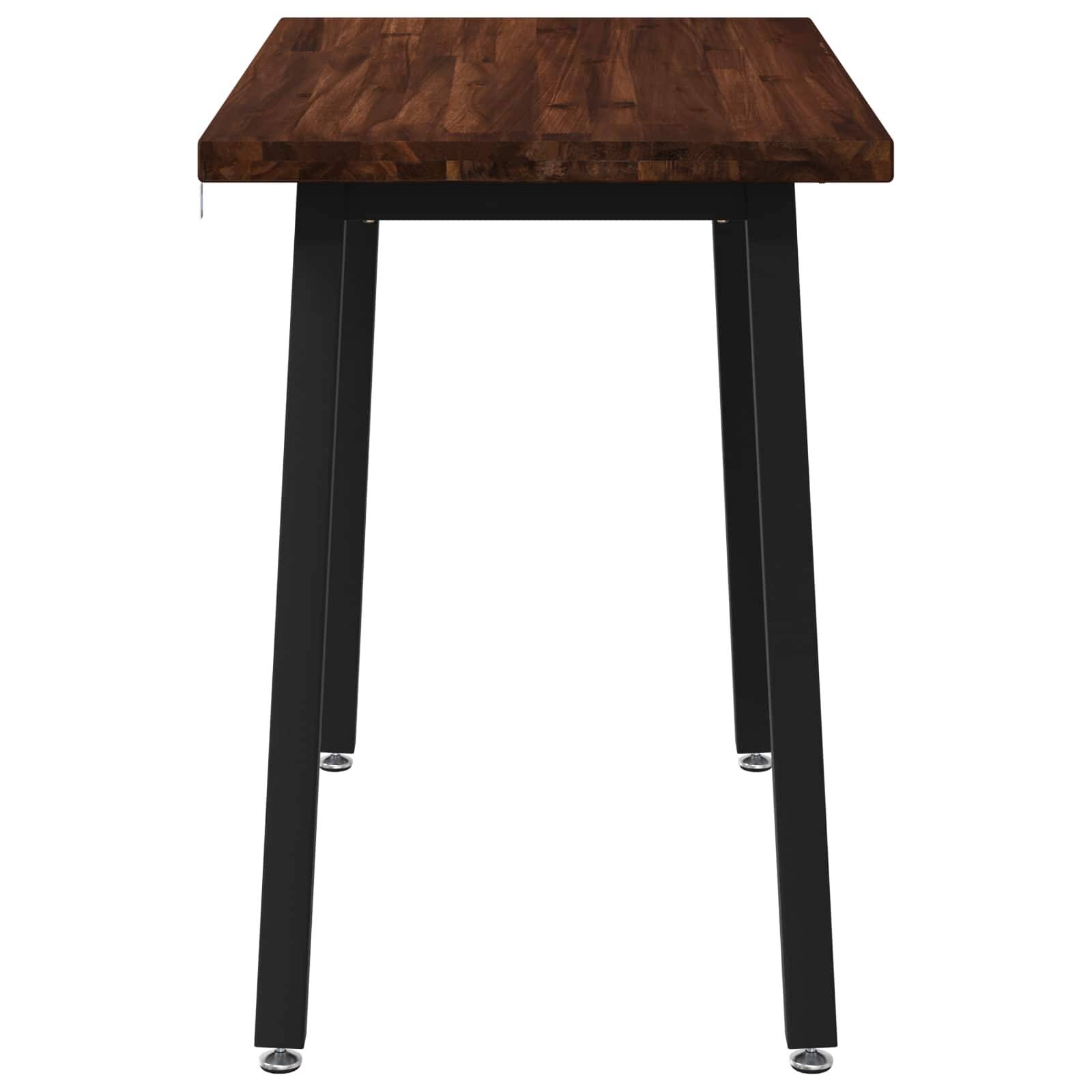 Holztischplatte mit schwarzen Metallbeinen, Frontansicht auf weißem Hintergrund.