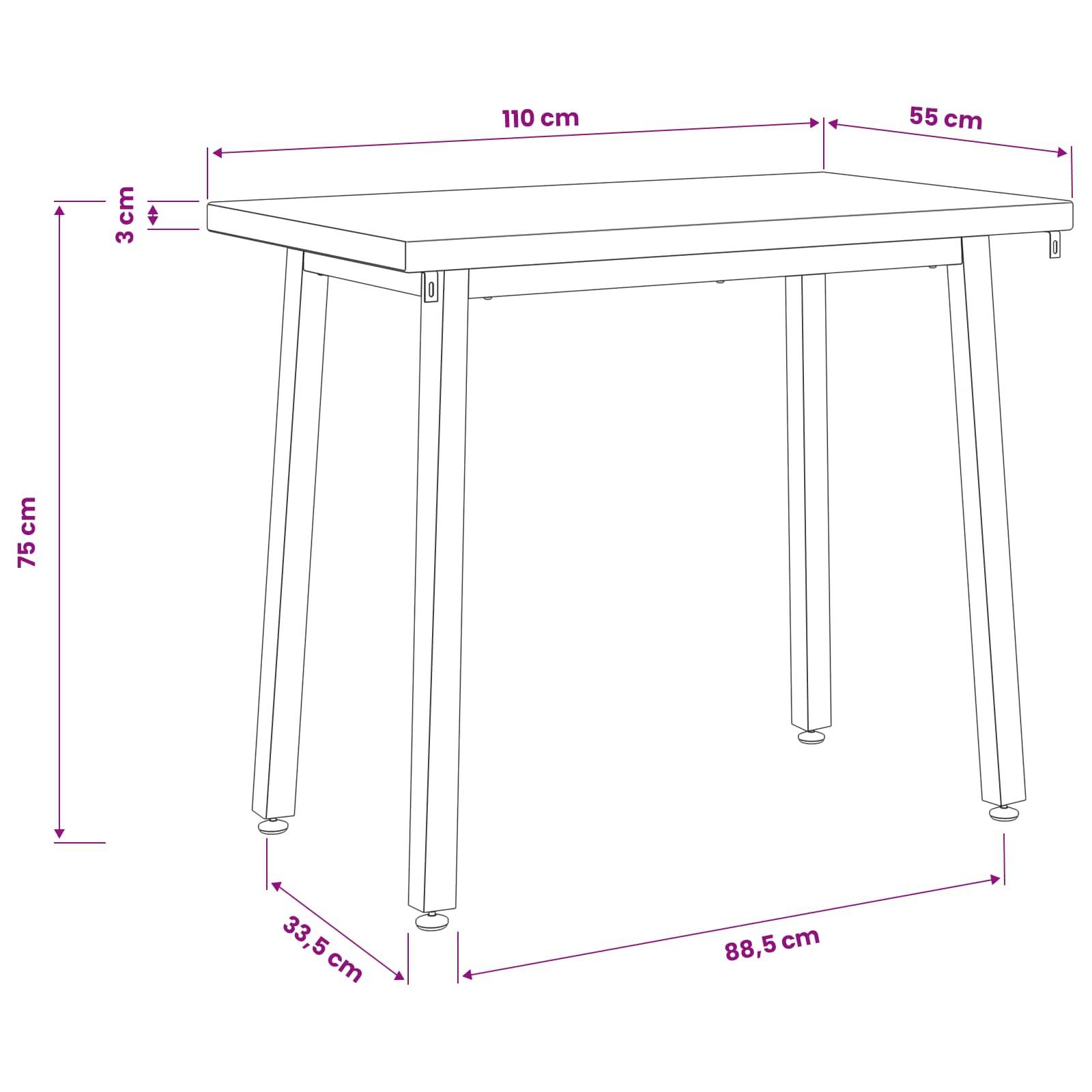 Diagramm eines rechteckigen Tisches mit gekennzeichneten Abmessungen: 110 cm x 55 cm Oberfläche, 75 cm hoch, 3 cm dick, und Beinabstand 88,5 cm und 33,5 cm.