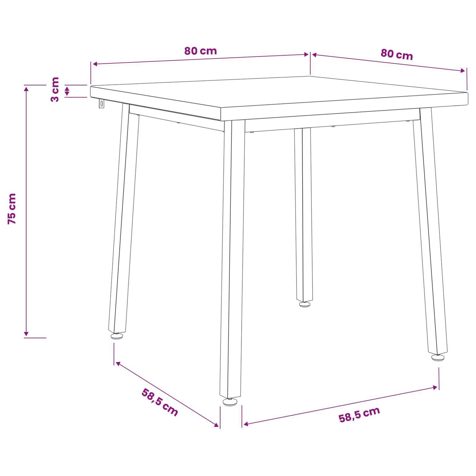 Technische Zeichnung eines quadratischen Tisches mit den Abmessungen: 80 cm Platte, 75 cm Höhe, 58,5 cm Beinabstand und 3 cm Plattendicke.