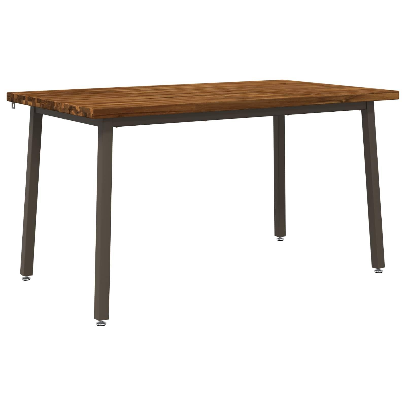 Rechteckiger Holztisch mit dunklem Metallrahmen und vier Beinen auf weißem Hintergrund.