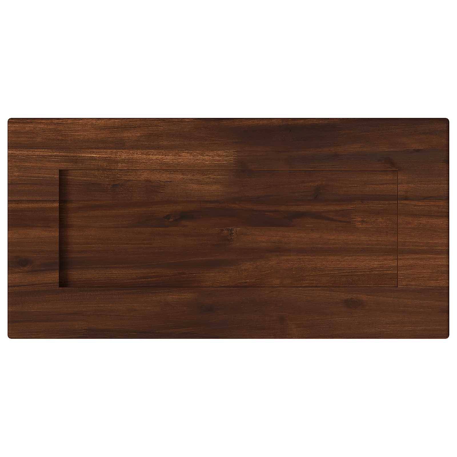 Rechteckiges Schneidebrett aus dunklem Holz mit ausgearbeiteter Griffrille und erhobener Mittelfläche.