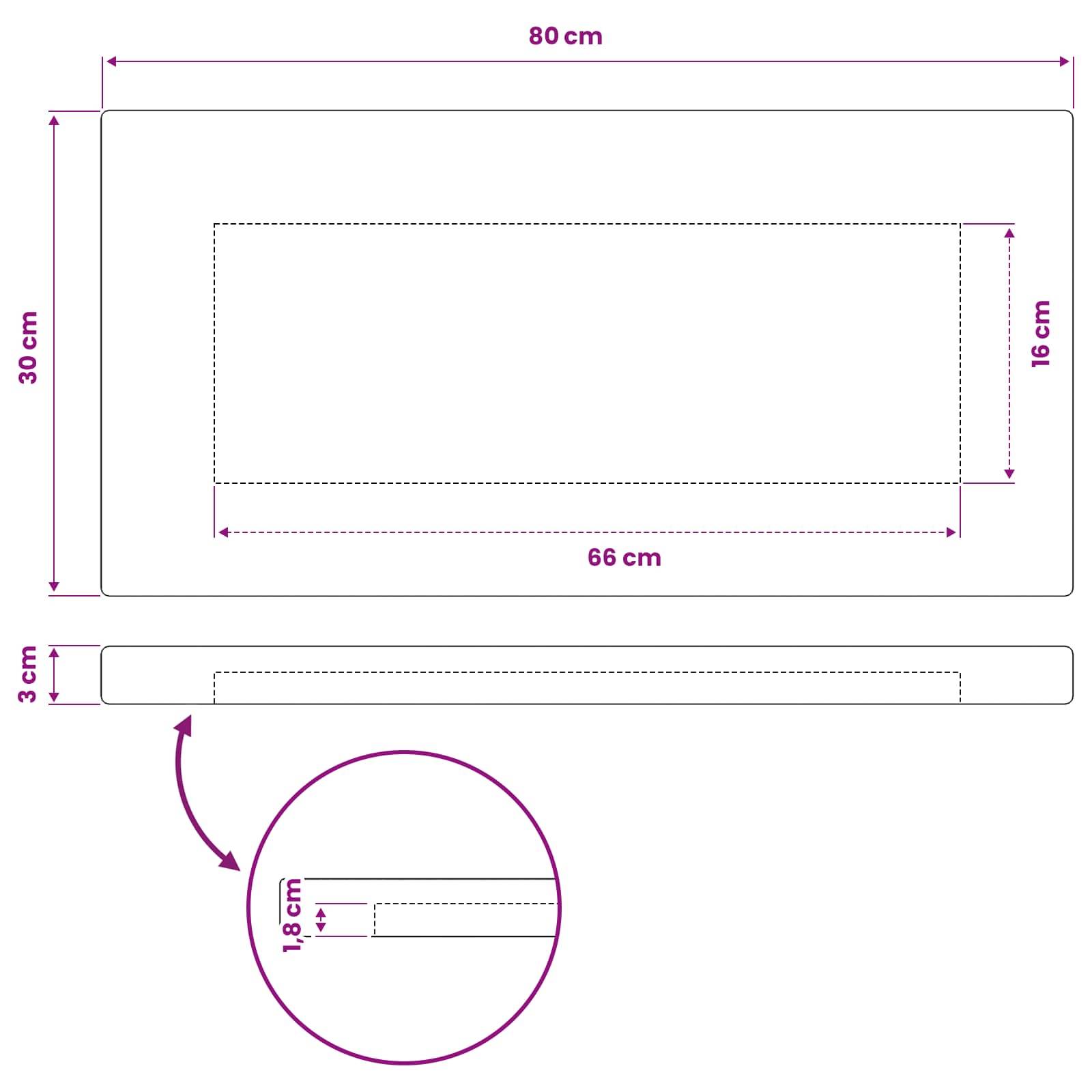 Dimensionszeichnung einer rechteckigen Matte: Außengröße 80 cm x 30 cm, innerer Ausschnitt 66 cm x 16 cm, Dicke 3 cm, mit 18 cm Detailvergrößerung unten.