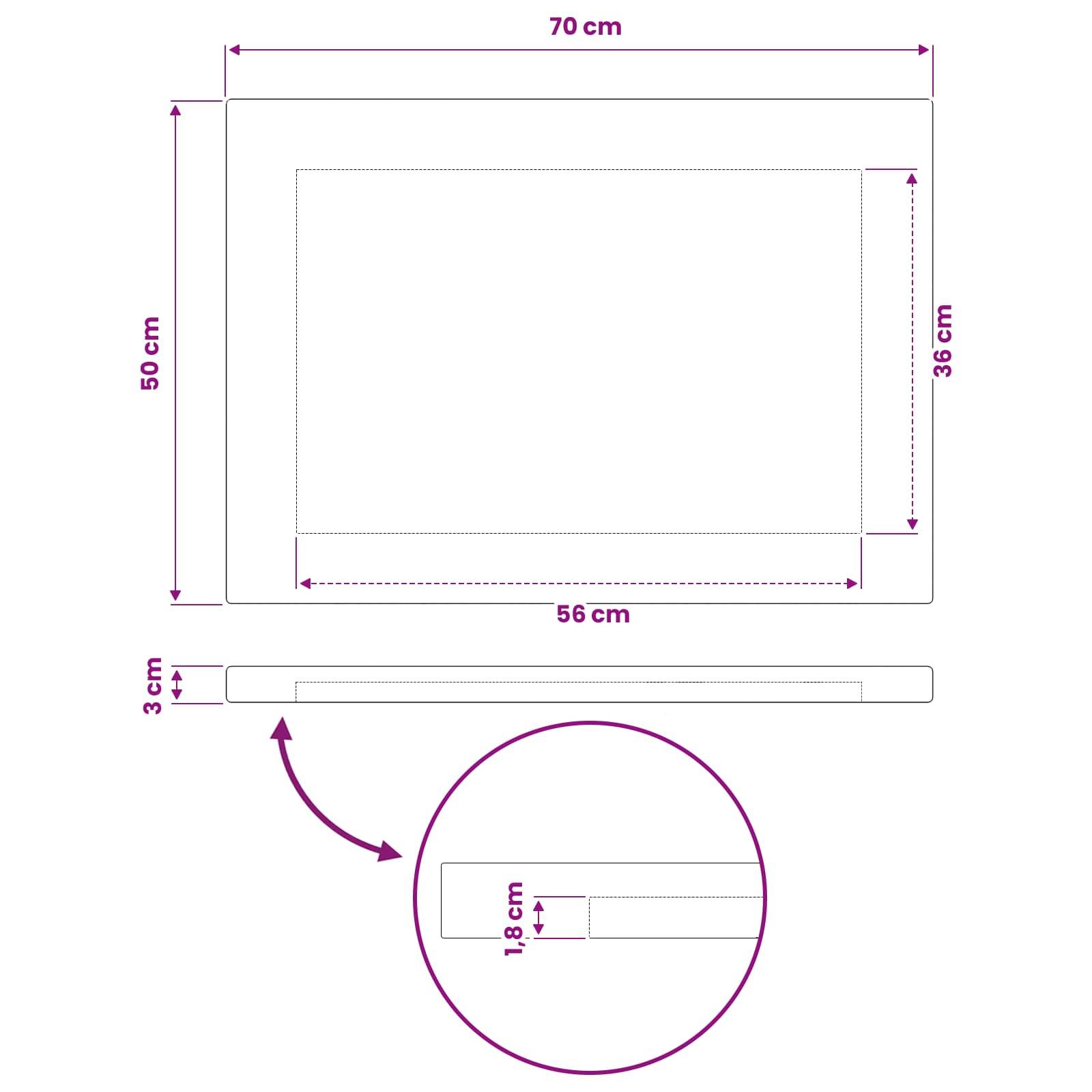 Diagramm eines rechteckigen Rahmens mit Außenabmessungen 70 cm mal 50 cm und innerer Öffnung 56 cm mal 36 cm; die Seitenansicht zeigt 3 cm Tiefe und ein 1,8 cm Lippen-Detail.
