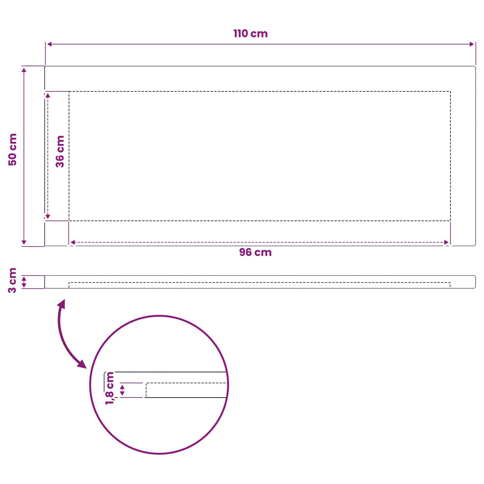 Maßzeichnung eines rechteckigen Panels: 110 cm breit mal 50 cm hoch, mit einer Innenfläche von 96 cm mal 36 cm und einem 3 cm seitlichen Streifendetail.