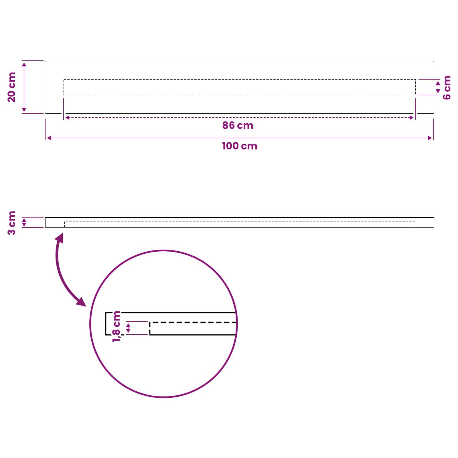 Diagramm, das einen 100 cm x 20 cm breiten Streifen mit einem 86 cm inneren Bereich und 6 cm Seitenrändern zeigt, sowie eine 3 cm gefaltete Kante und ein 18 cm Einschubdetail.