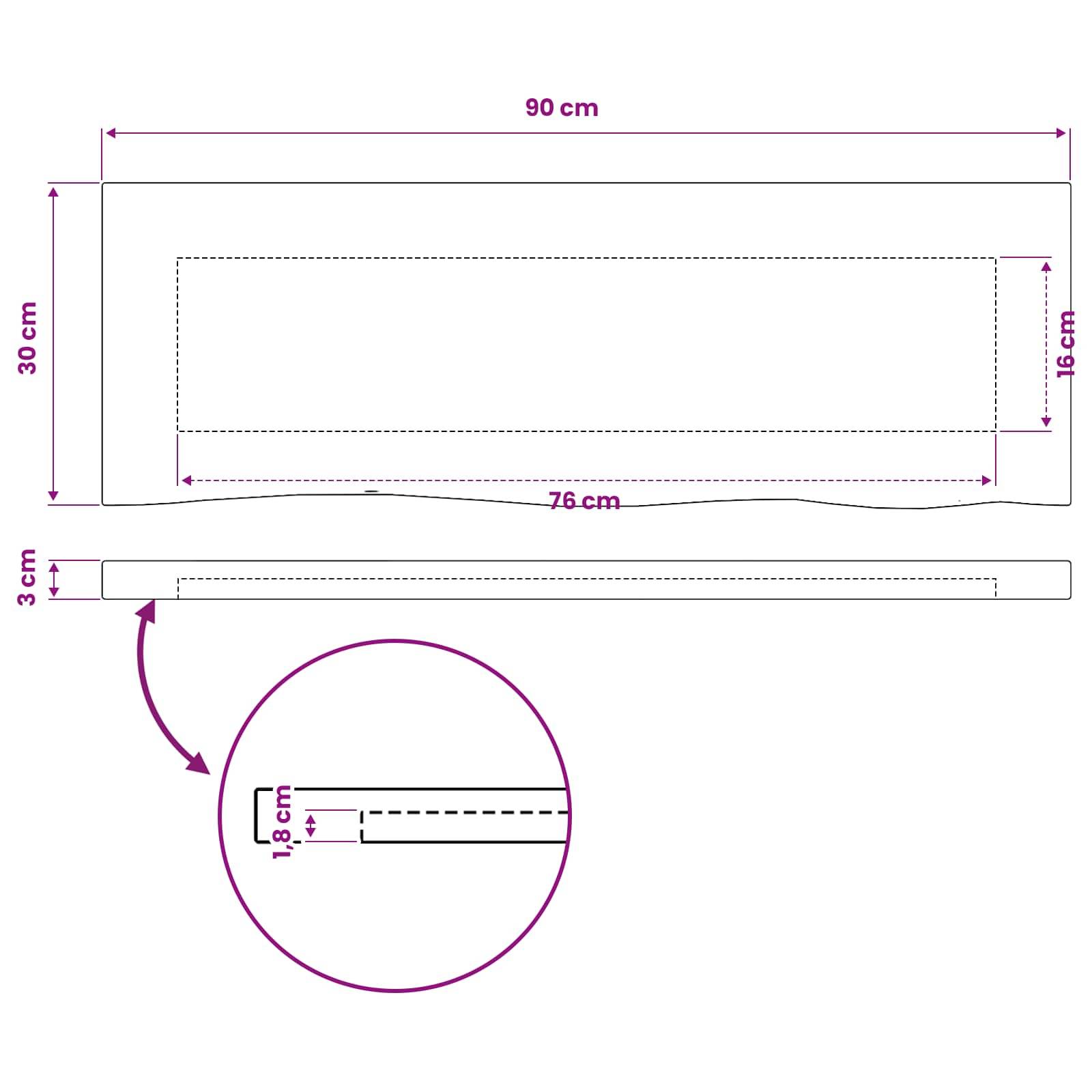 Diagramm eines 90 cm x 30 cm großen Stoffpanels mit einem 76 cm breiten inneren Bereich und einer 16 cm Höhenmarkierung, plus eine vergrößerte 3 cm Faltkante unten.