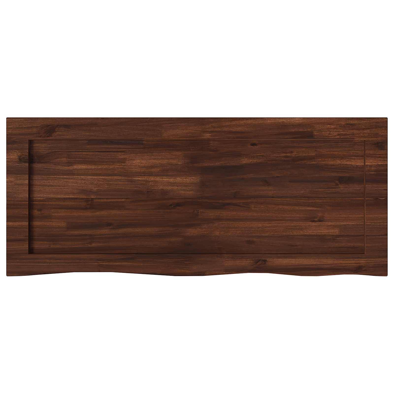 Rechteckige Tischplatte aus dunklem Holz mit vertieftem Mittelpanel und leicht gewellter Vorderkante auf weißem Hintergrund.