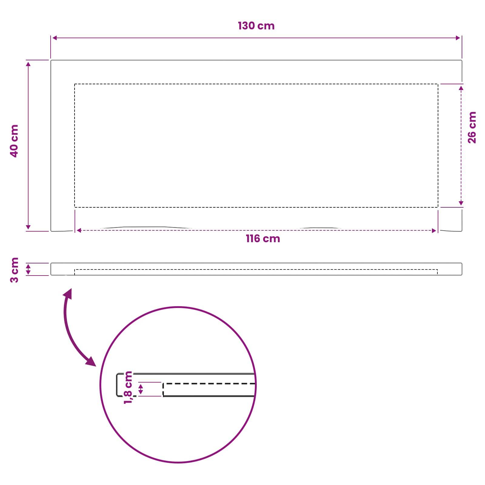 Maßstabgetreue Zeichnung eines rechteckigen Panels: 130 cm breit und 40 cm hoch, mit einem inneren gestrichelten Bereich von 116 cm mal 26 cm und einer vergrößert dargestellten Detailzeichnung der 3 cm Seitenstärke.
