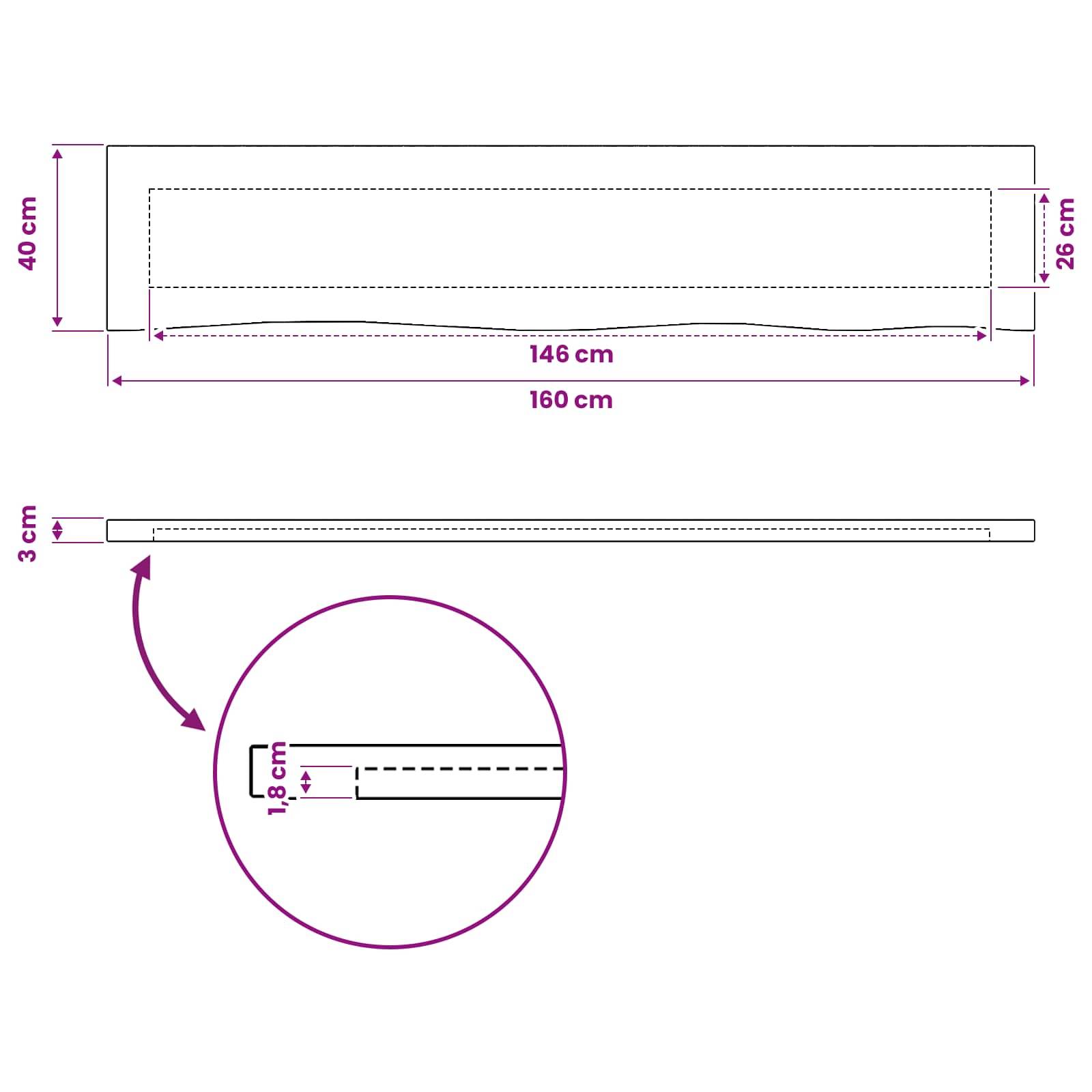 Diagramm einer rechteckigen Abdeckplatte mit einer Breite von 160 cm und einer Höhe von 40 cm, mit einem inneren Bereich von 146 cm x 26 cm und einem Randdicken-Detail von 3 cm.