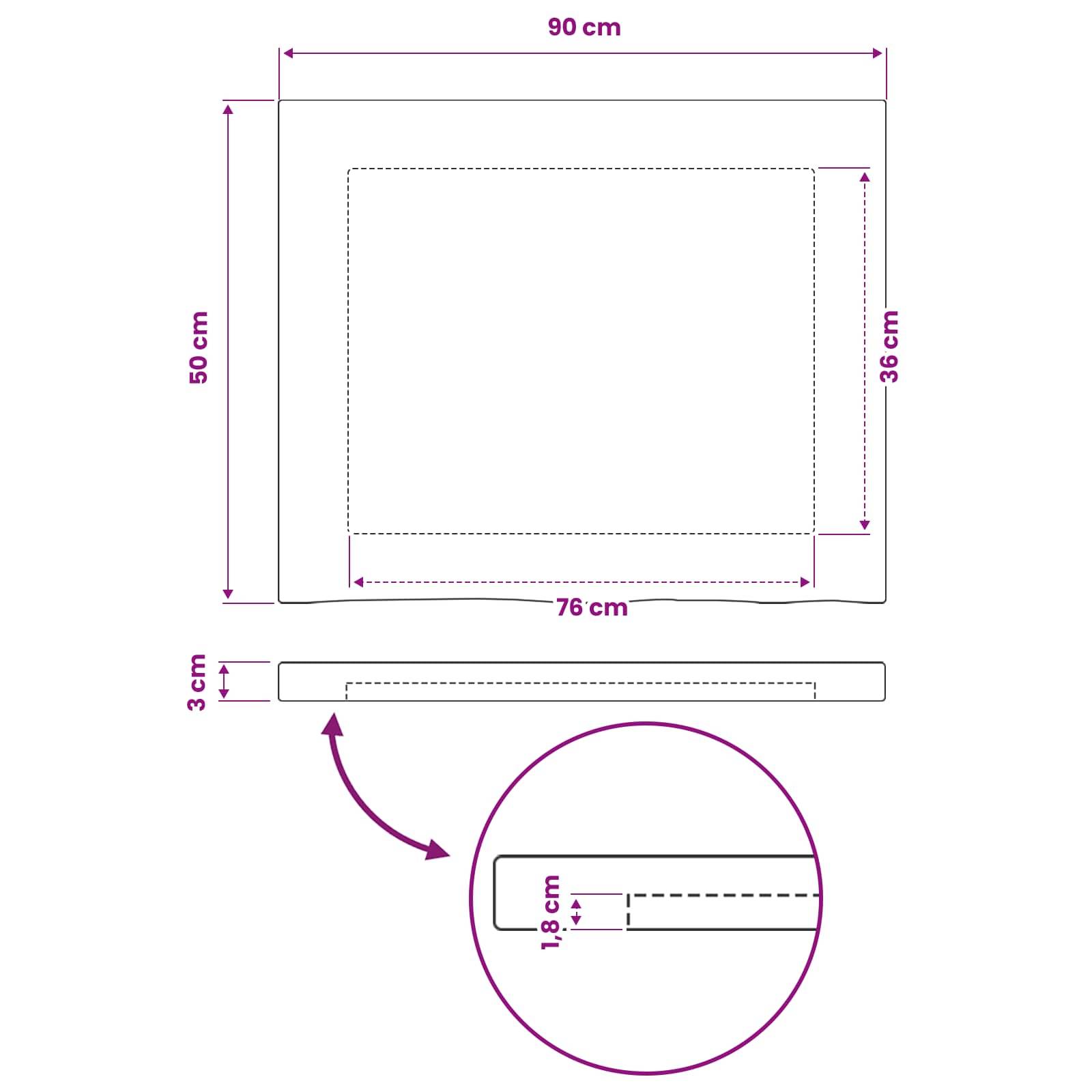Diagramm eines 90 cm x 50 cm großen Blattes mit einem gestrichelten inneren Bereich von 76 cm x 36 cm und einer 3 cm Falte mit 1,8 cm Detail in Nahaufnahme.