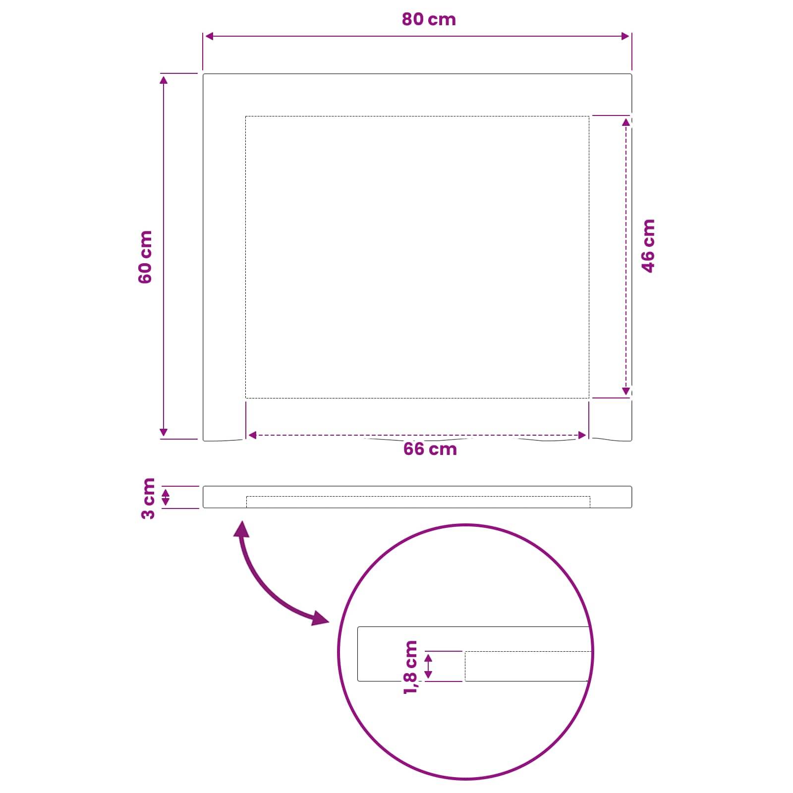 Diagramm eines rechteckigen Rahmens mit beschrifteten Abmessungen: 80 cm Breite, 60 cm Höhe, 46 cm innere Höhe, 66 cm innere Breite und 3 cm Tiefe; Ausschnitt zeigt 1,8 cm Detail.