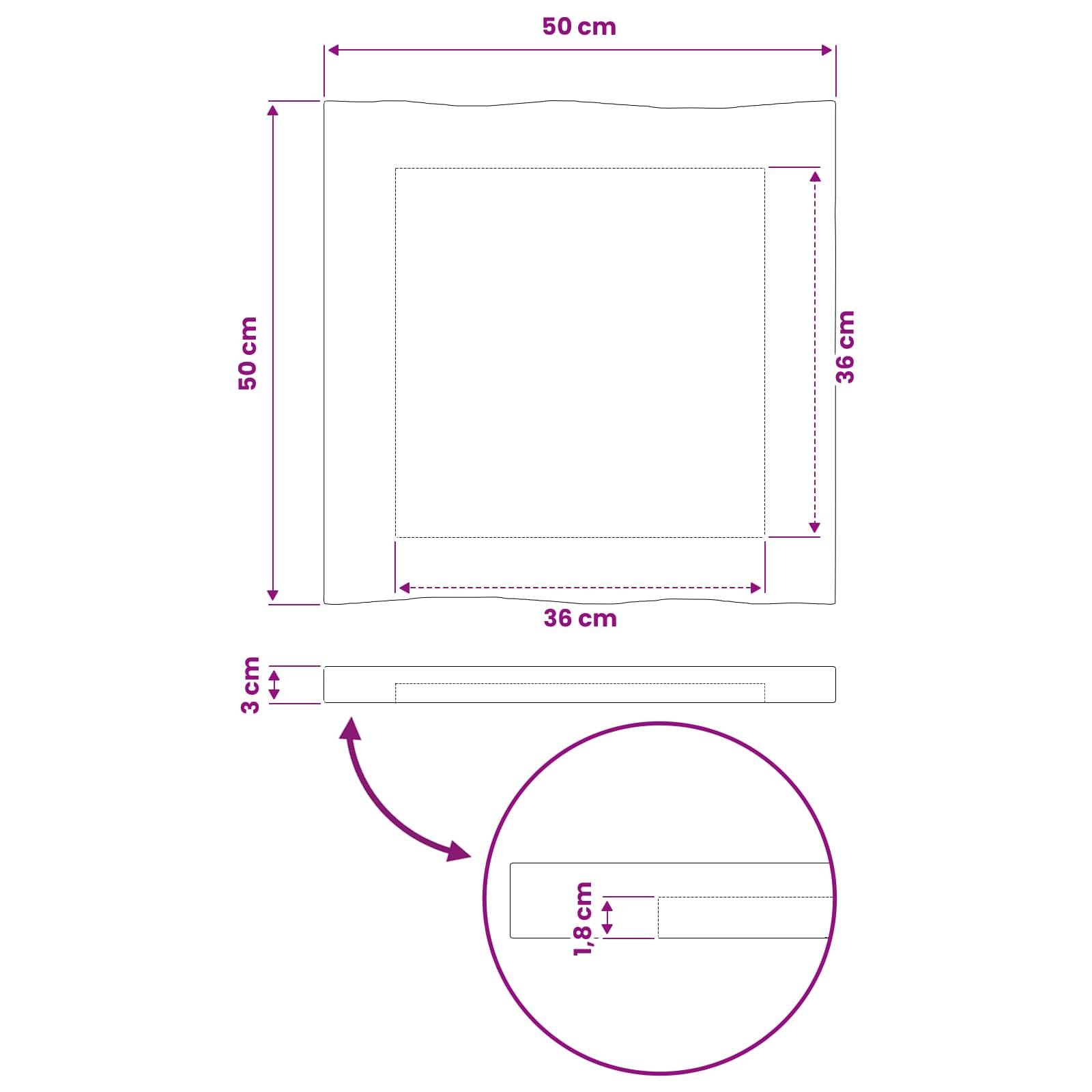 Diagramm eines quadratischen Rahmens, 50 cm mal 50 cm Außengröße mit einer 36 cm mal 36 cm großen inneren Öffnung, 3 cm dick, mit einem 1,8 cm großen Einschnitt-Detail.