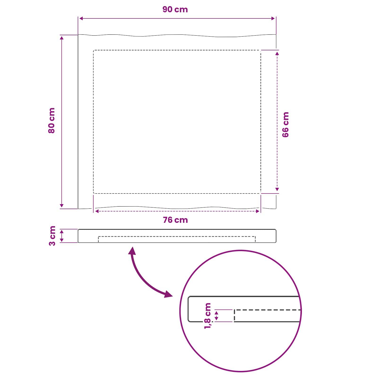 Diagramm, das einen Größenleitfaden für eine rechteckige Matte oder Abdeckung zeigt: 90 cm breit mal 80 cm hoch, mit einer inneren Öffnung von 76 cm mal 66 cm und 3 cm Dicke, plus eine Detailaufnahme der Kantenverstärkung.