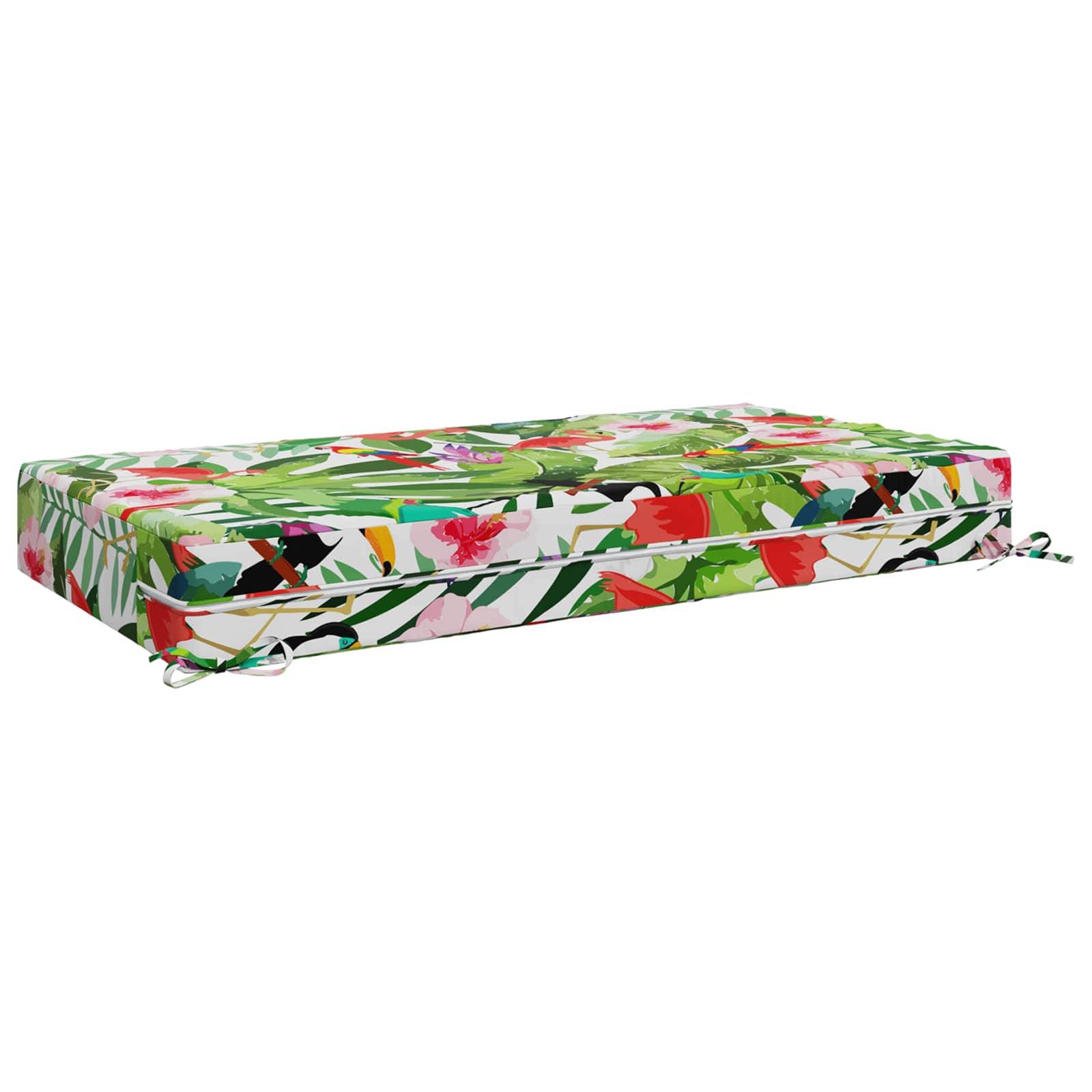 Rechteckiges Outdoor-Sitzkissen mit Blumenmuster und Bändern auf weißem Hintergrund.