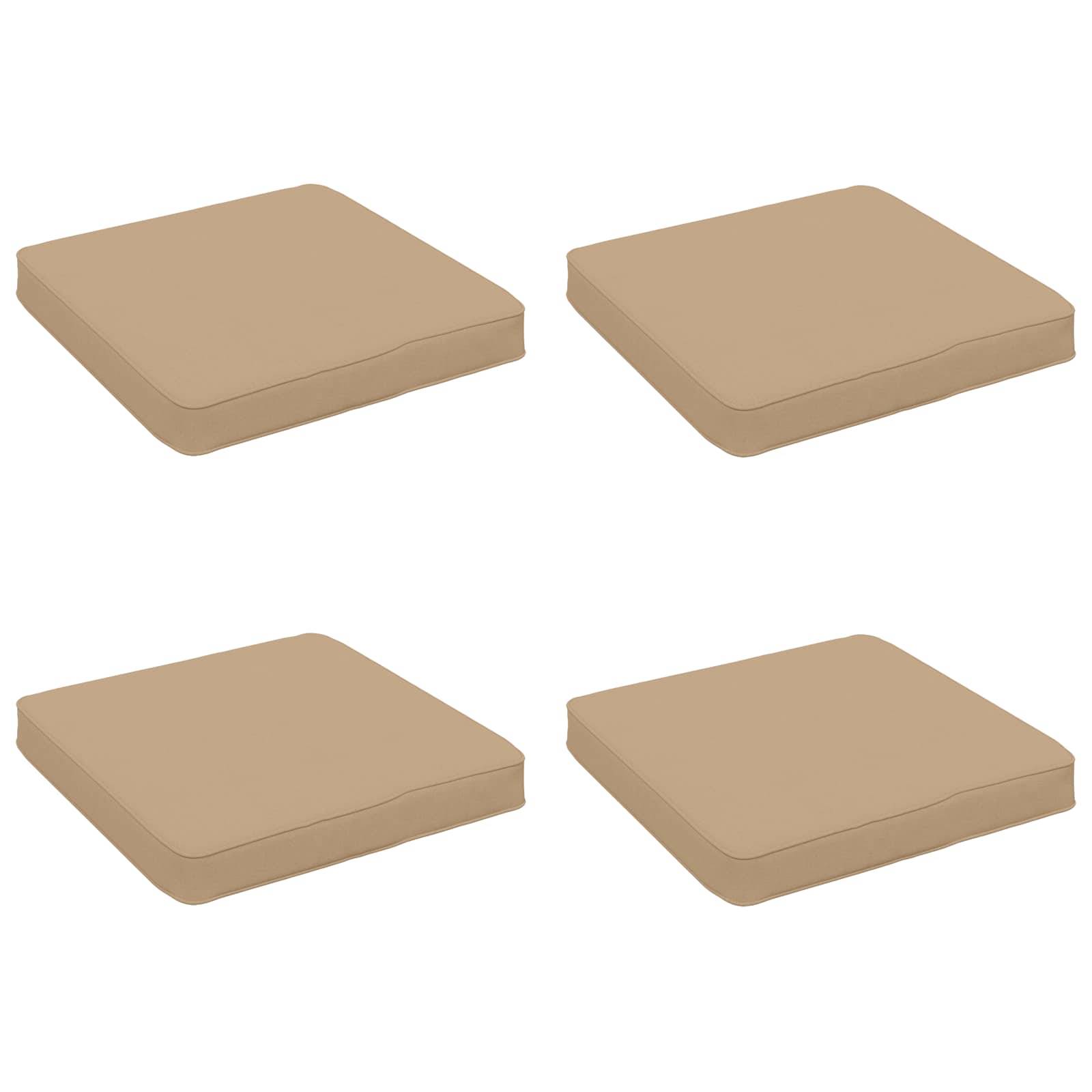 Vier beige quadratische Schaumstoff-Sitzkissen in einer 2x2-Anordnung auf weißem Hintergrund.