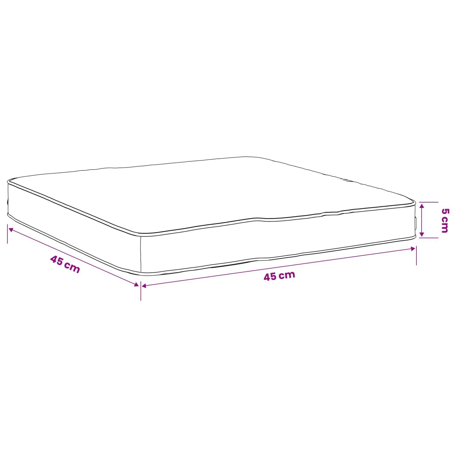 Diagramm eines rechteckigen Kissens oder einer Matratze mit den Maßen 45 cm × 45 cm × 5 cm.